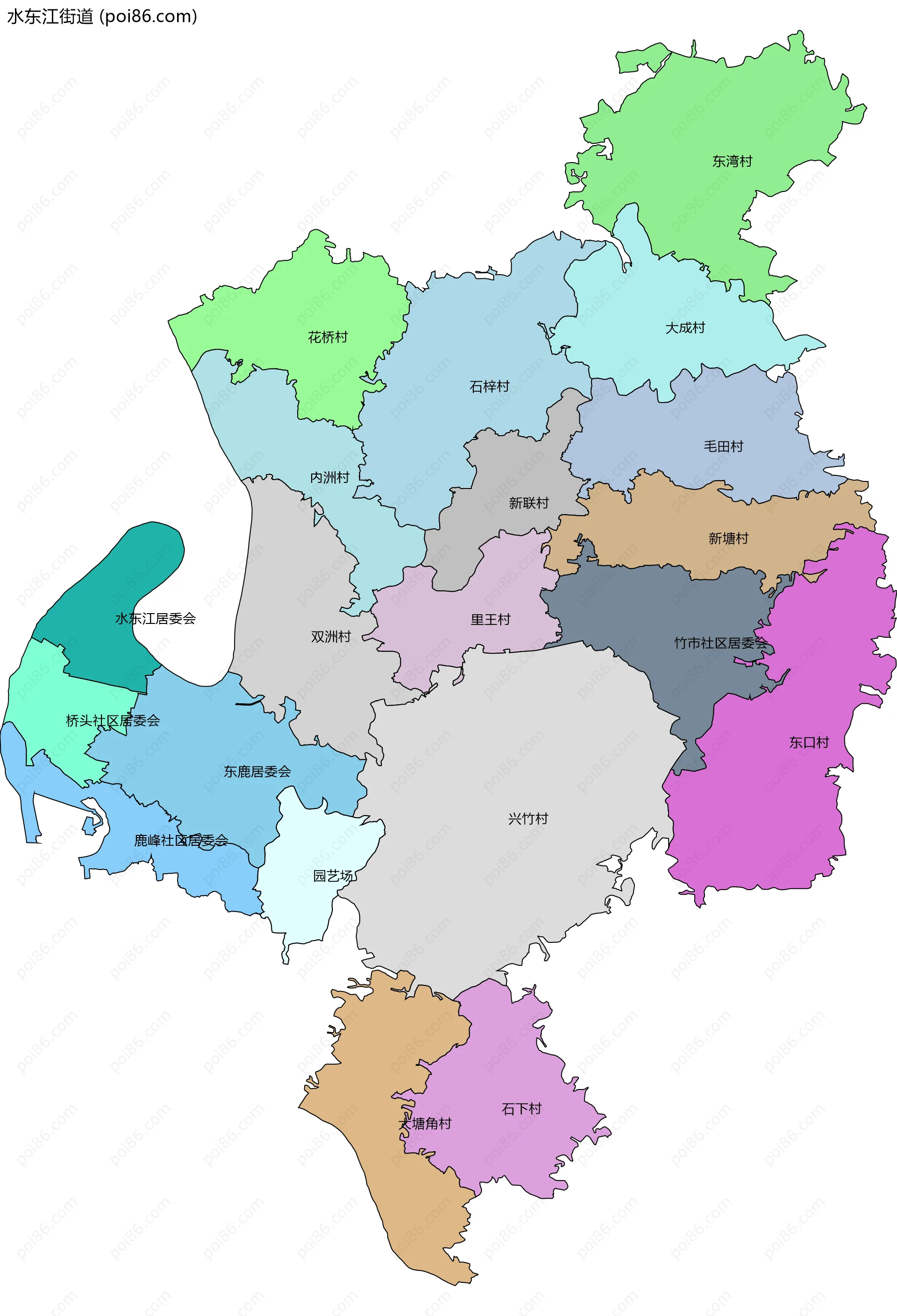 水东江街道边界地图(五级行政区划)