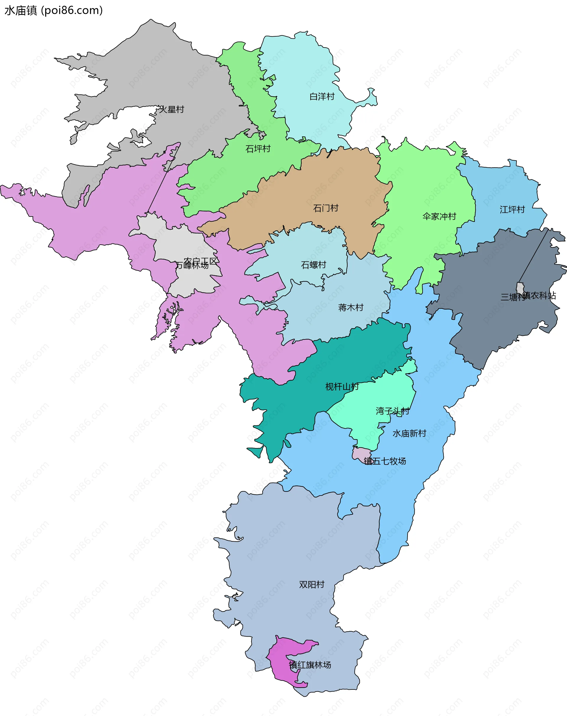 水庙镇边界地图(五级行政区划)