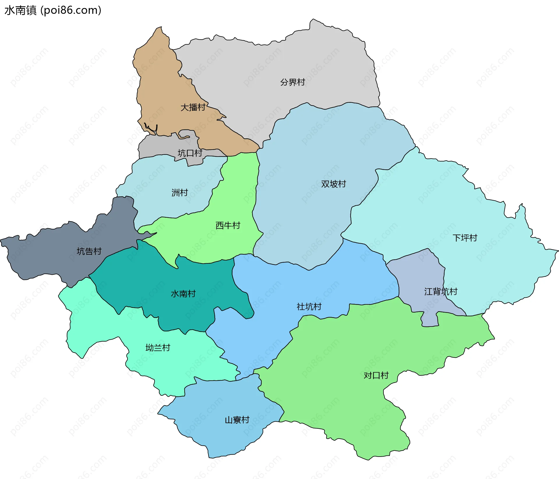 水南镇边界地图(五级行政区划)