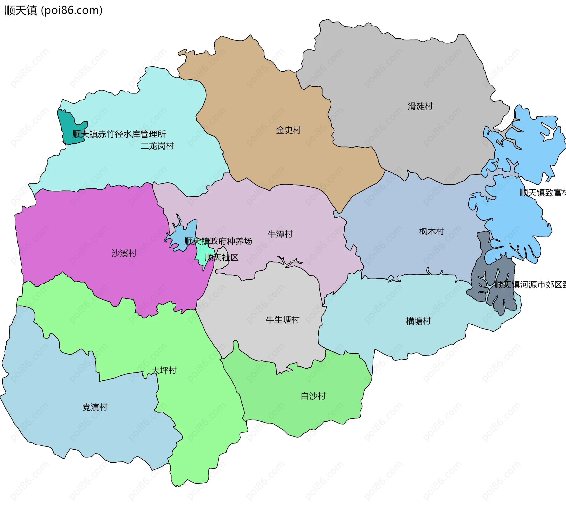 顺天镇边界地图(五级行政区划)