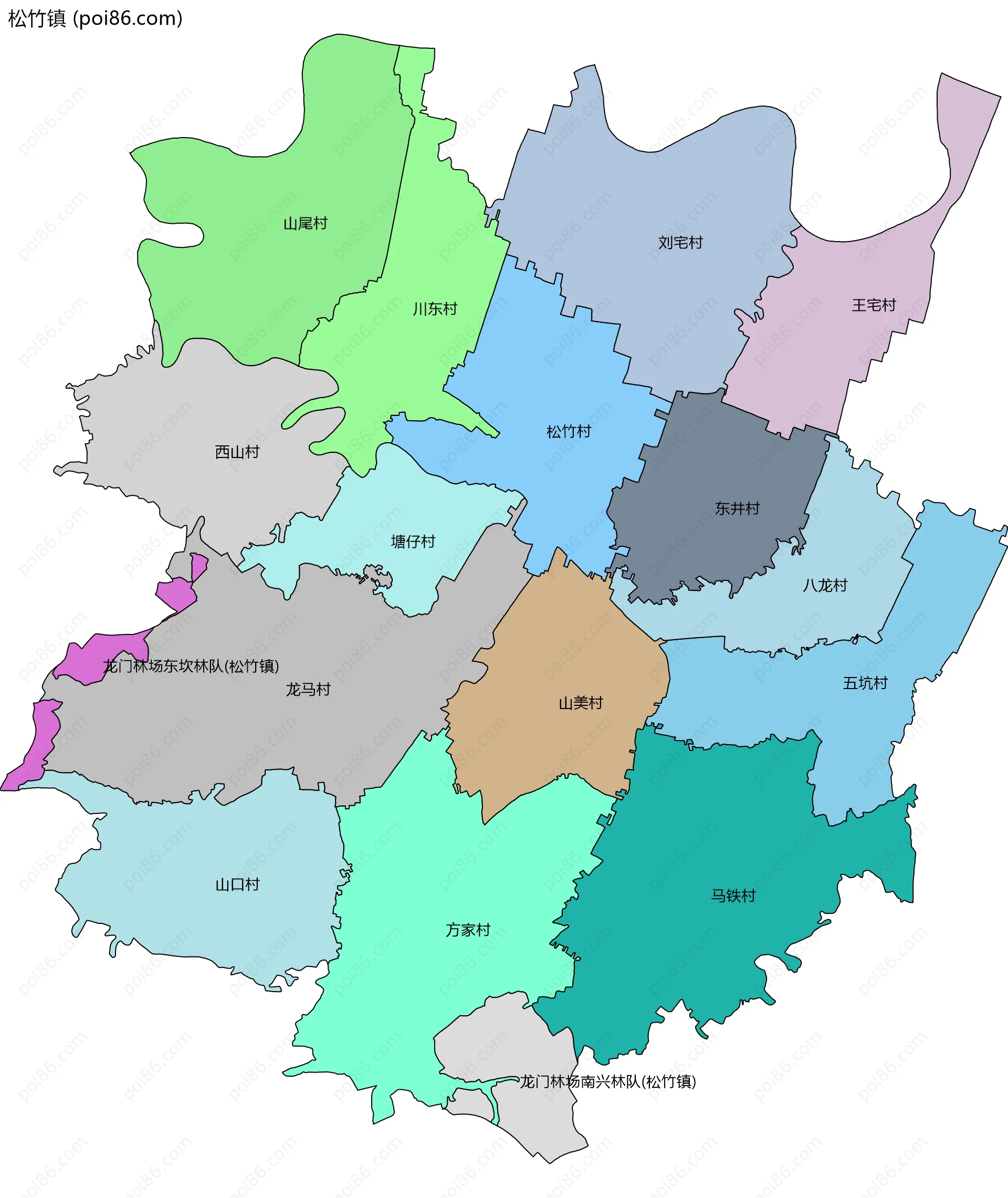 松竹镇边界地图(五级行政区划)