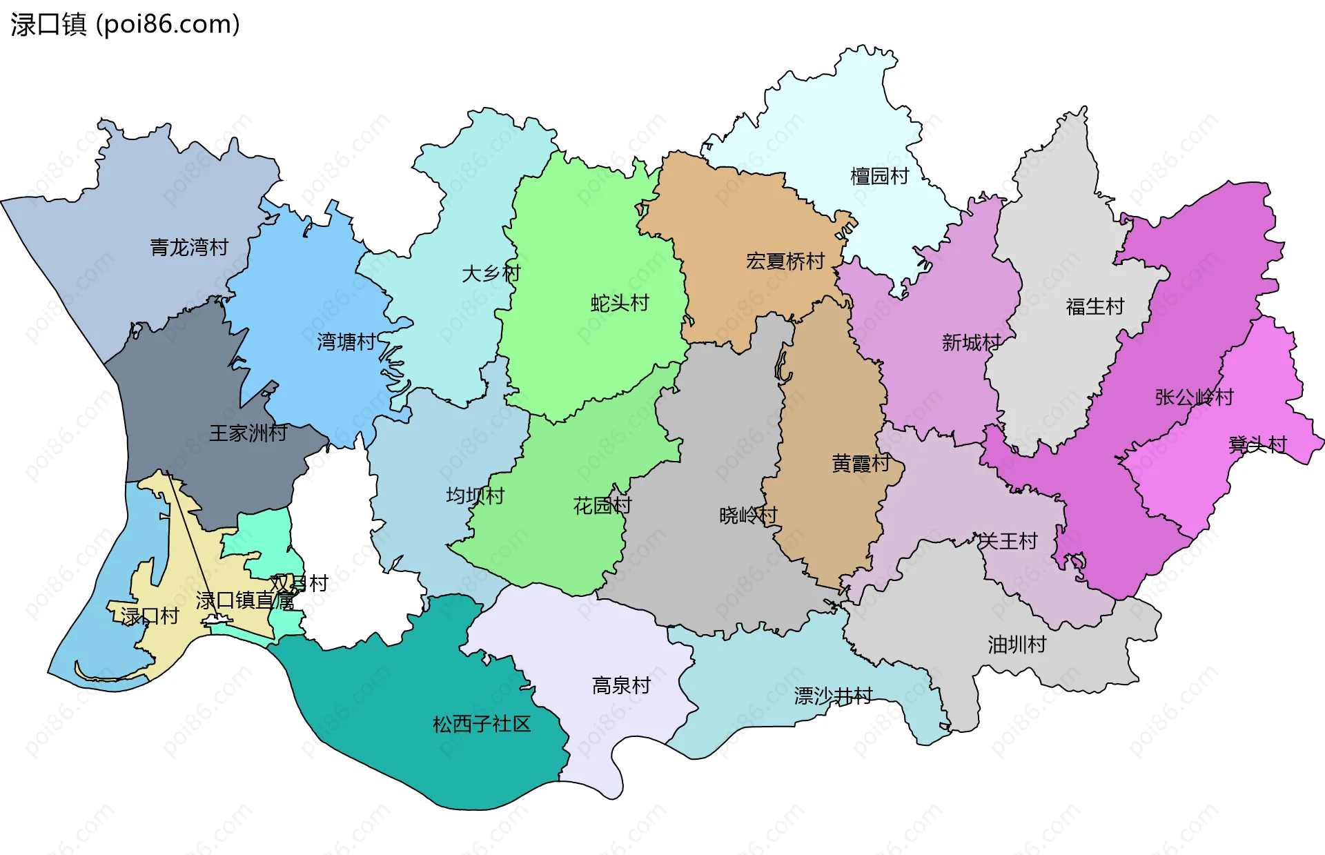 渌口镇边界地图(五级行政区划)