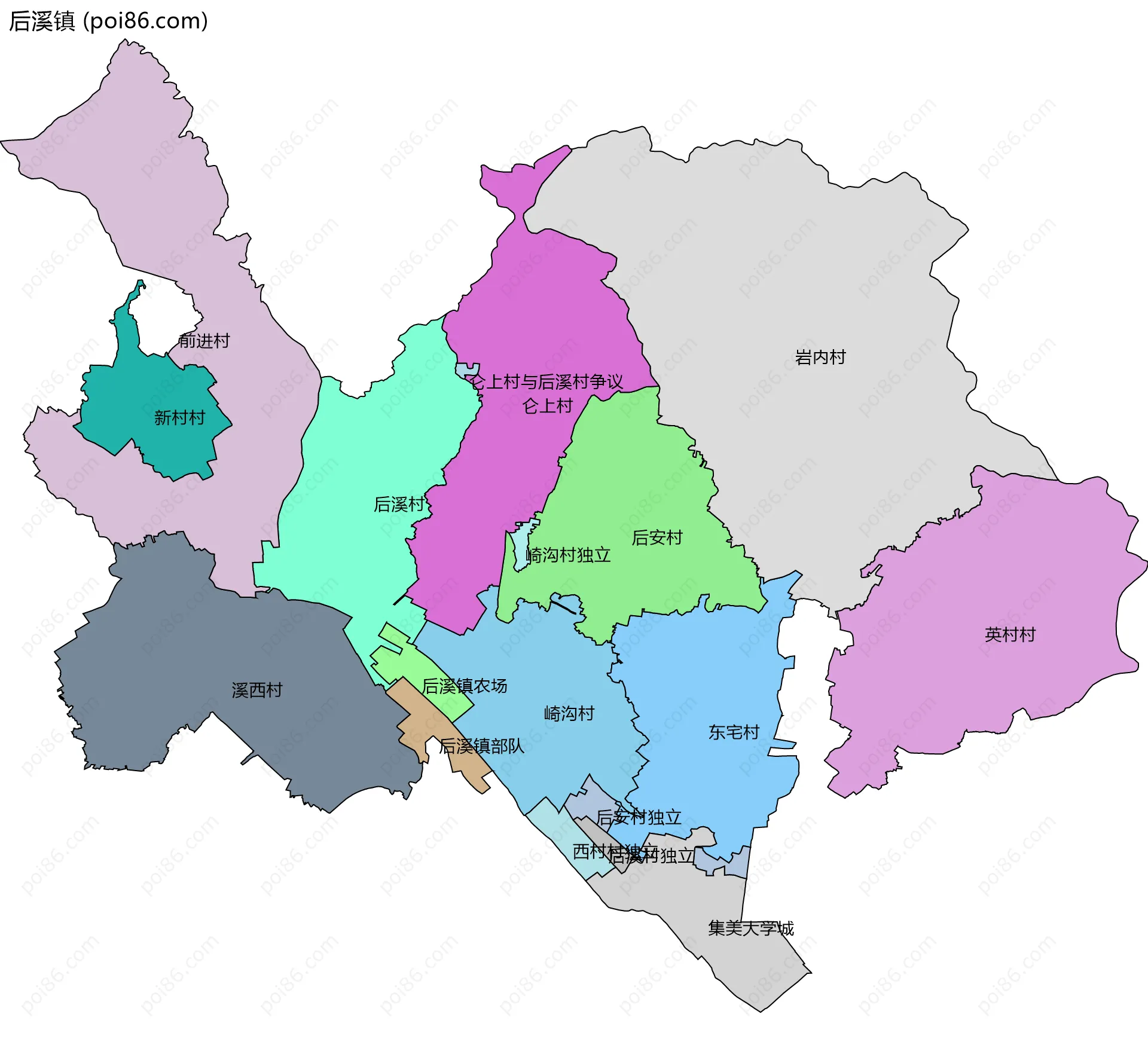 后溪镇边界地图(五级行政区划)