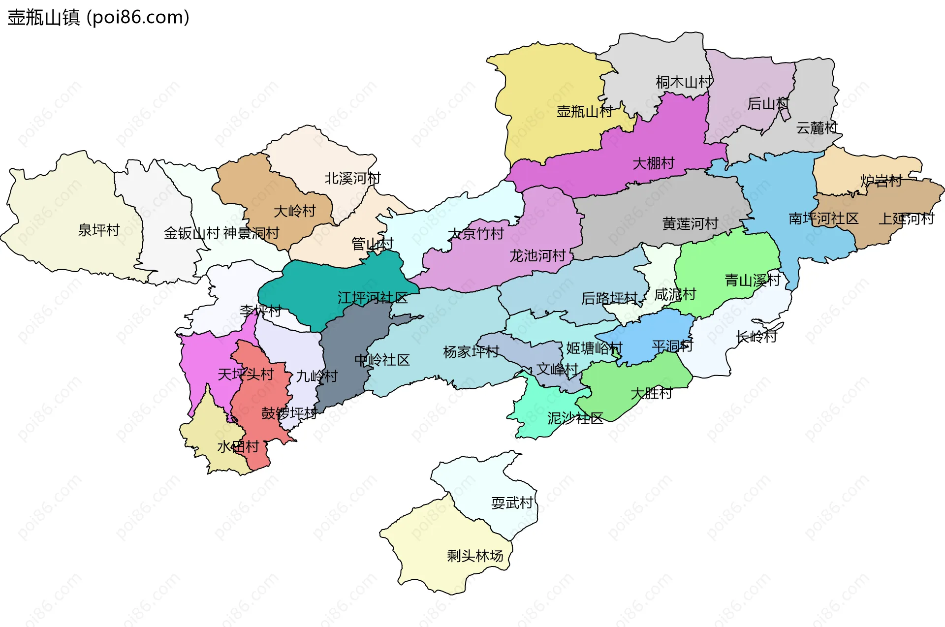 壶瓶山镇边界地图(五级行政区划)