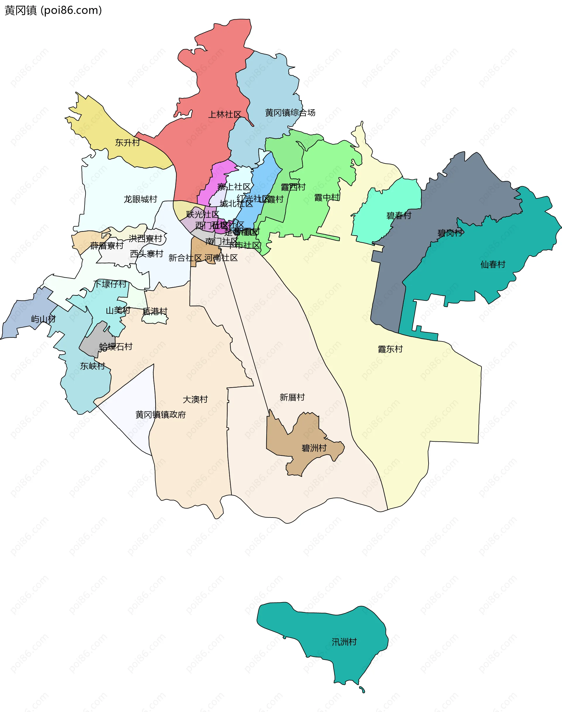 黄冈镇边界地图(五级行政区划)