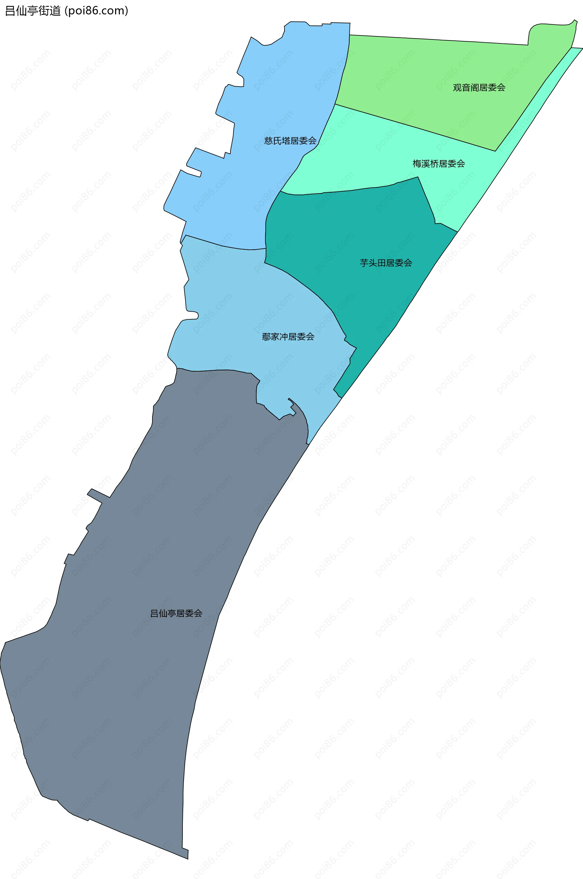 吕仙亭街道边界地图(五级行政区划)