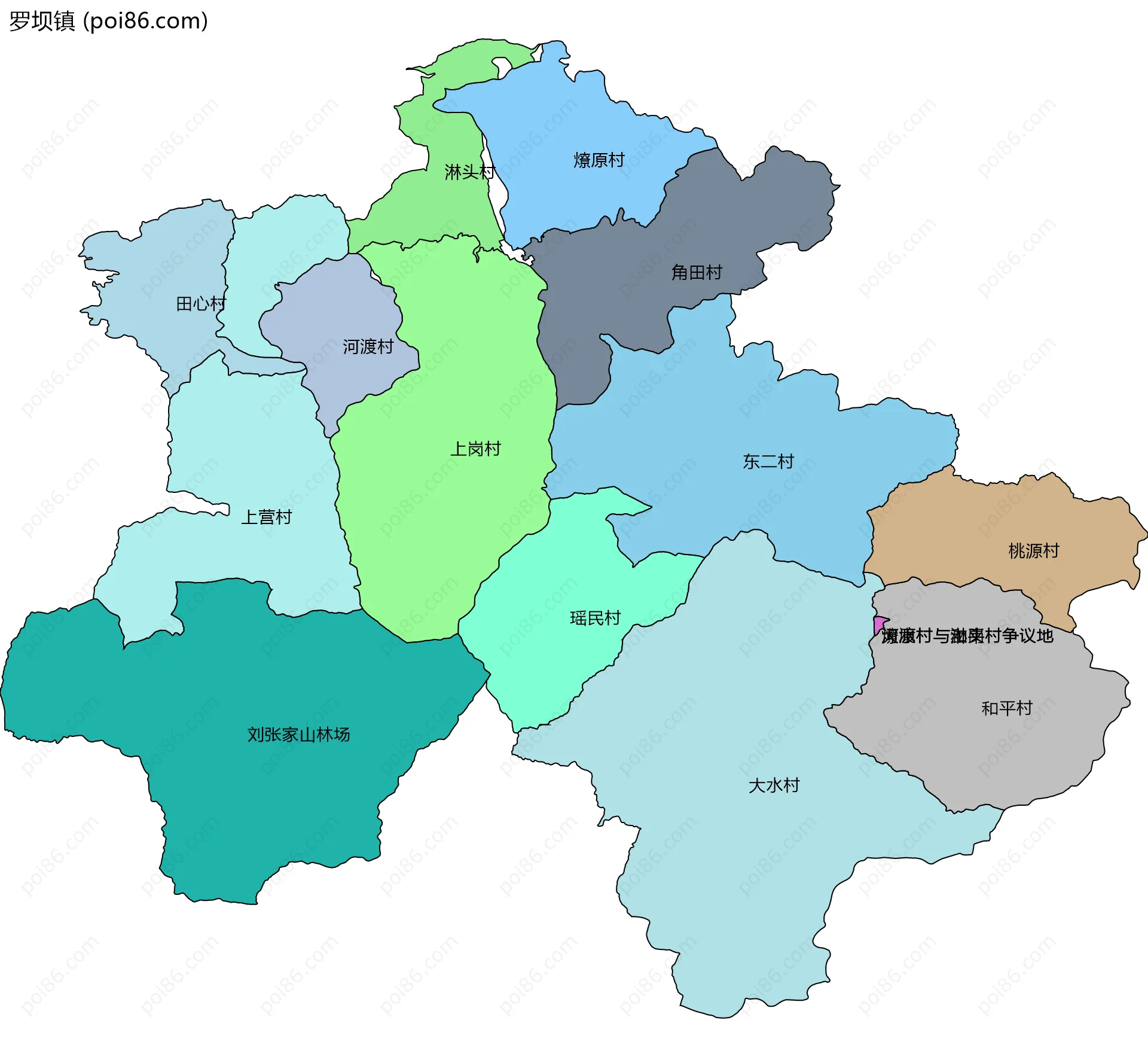 罗坝镇边界地图(五级行政区划)
