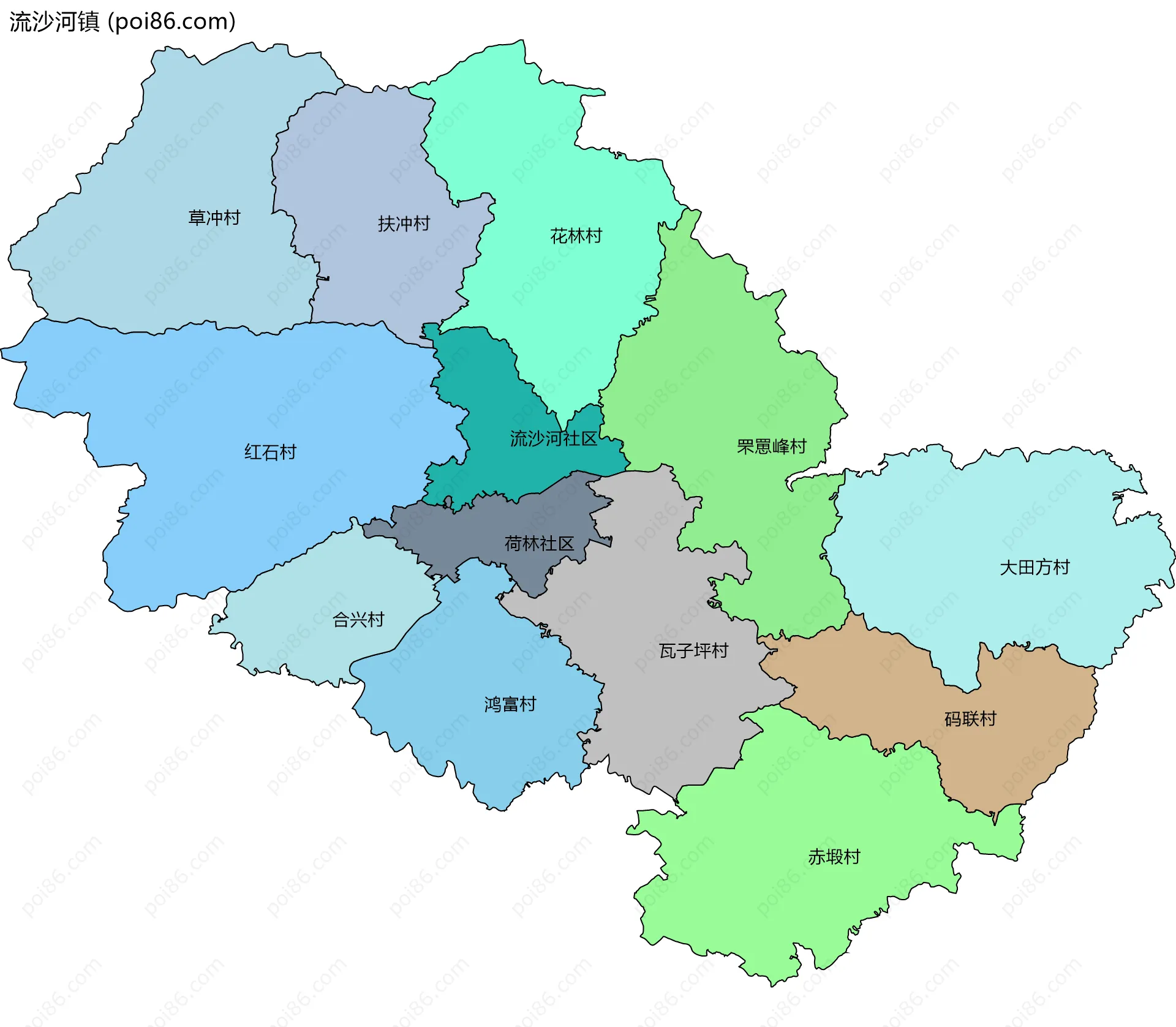 流沙河镇边界地图(五级行政区划)