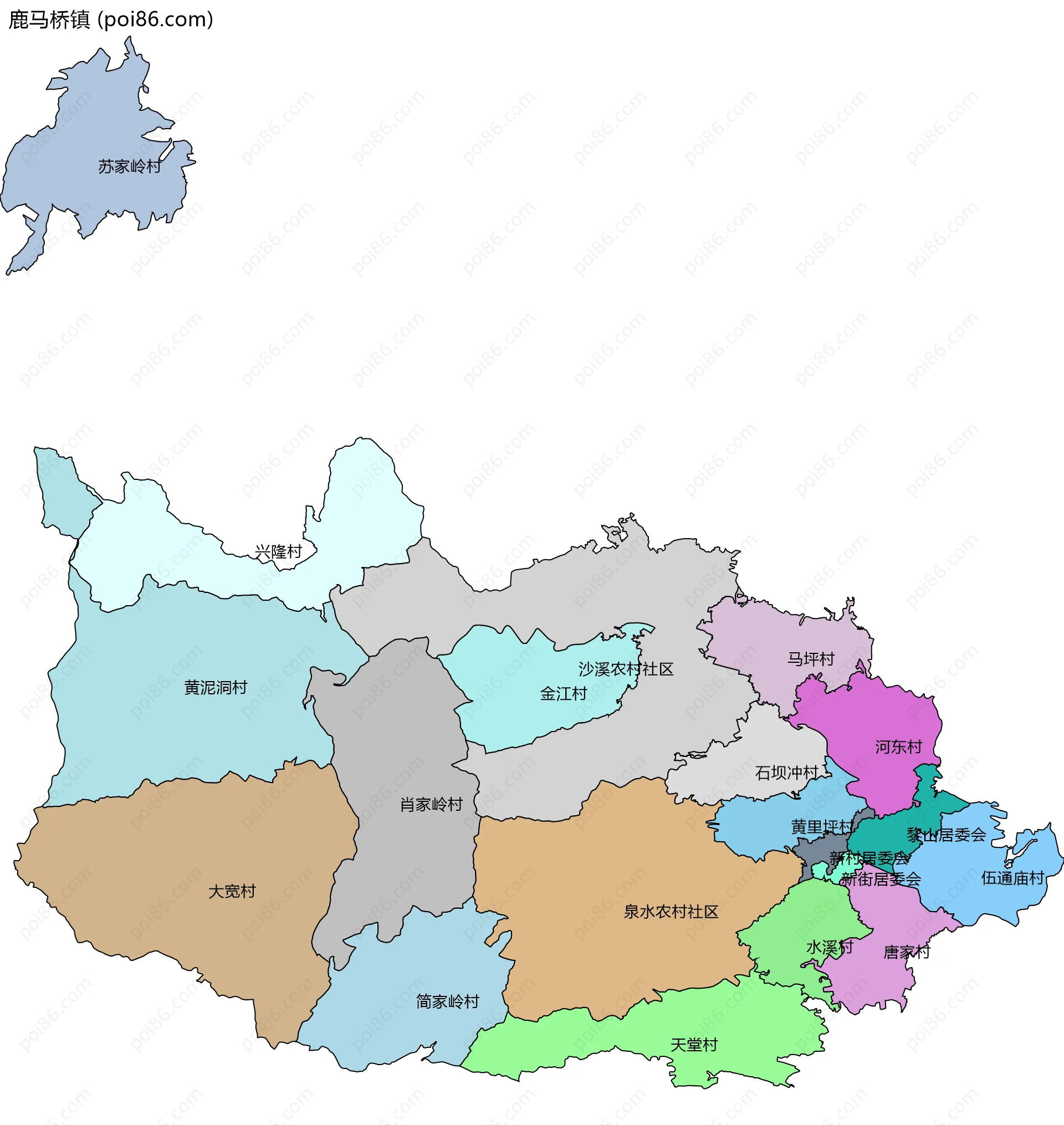 鹿马桥镇边界地图(五级行政区划)