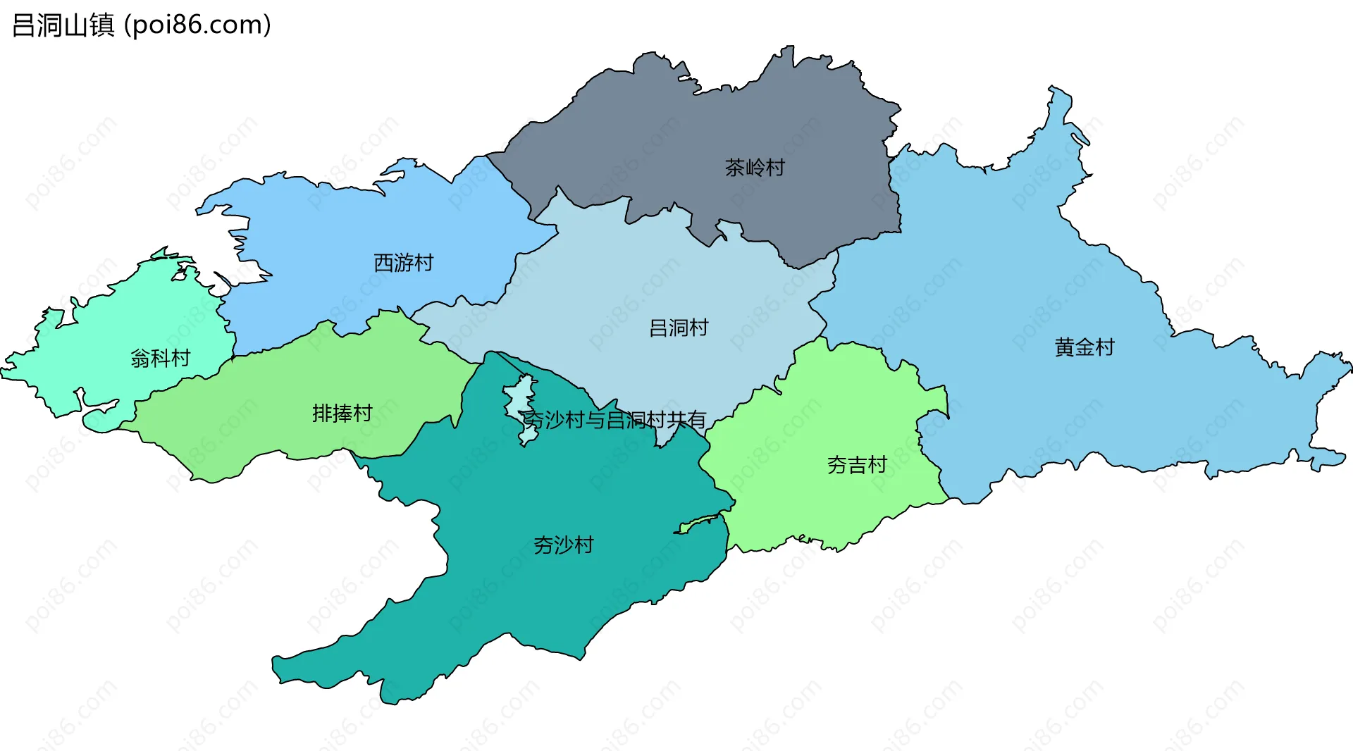 吕洞山镇边界地图(五级行政区划)