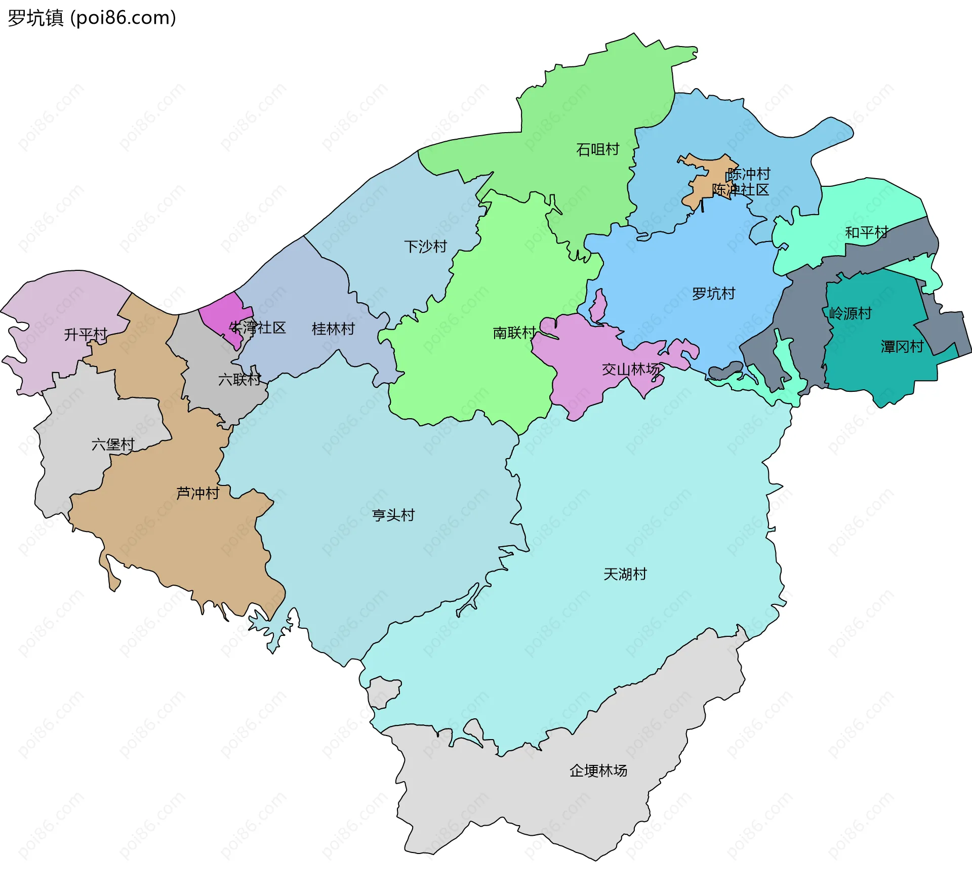 罗坑镇边界地图(五级行政区划)