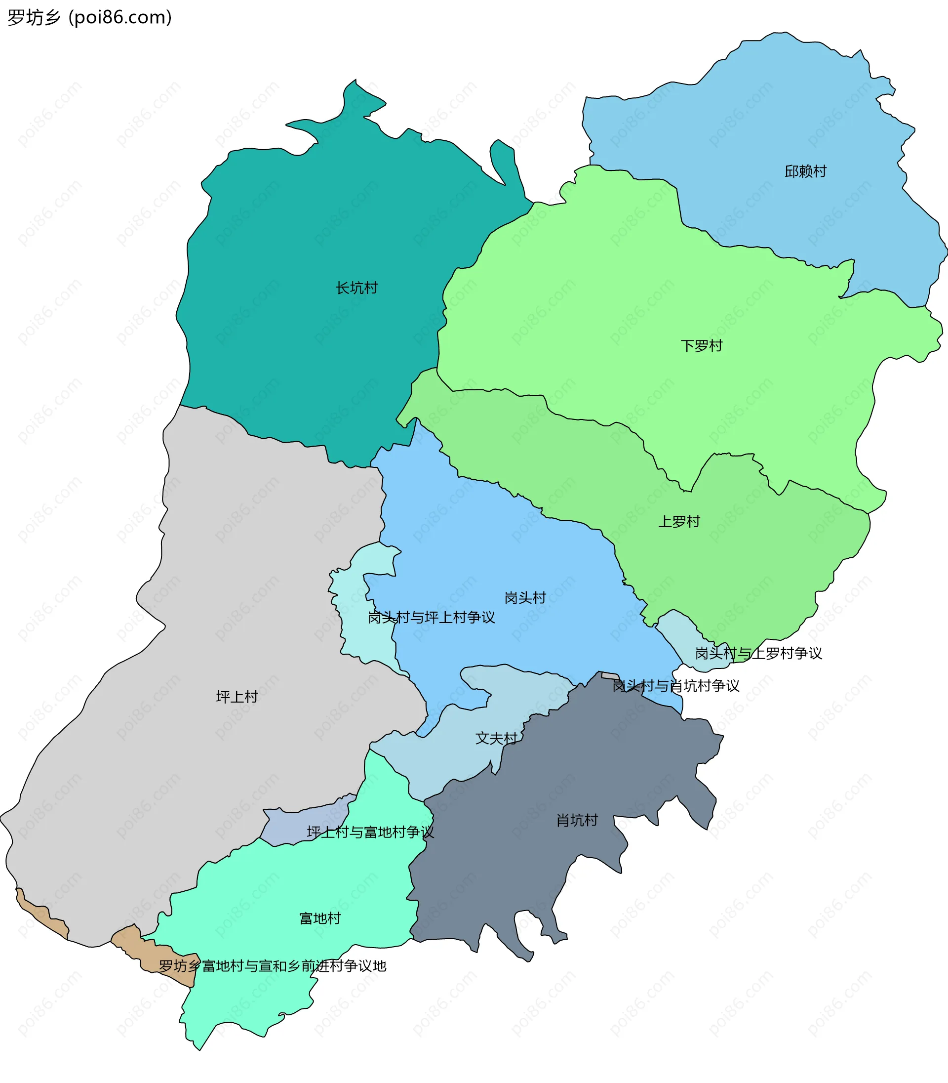 罗坊乡边界地图(五级行政区划)