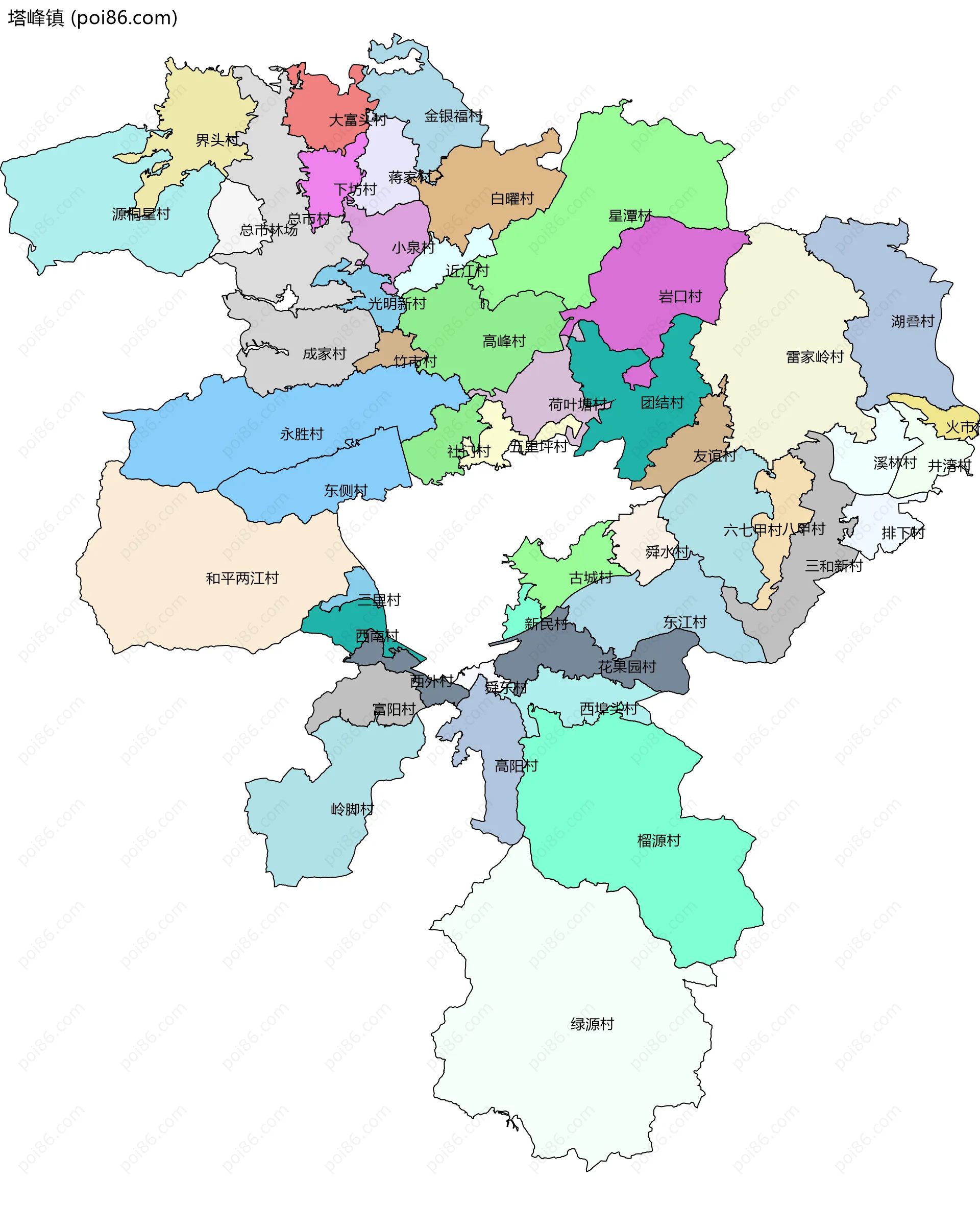 塔峰镇边界地图(五级行政区划)