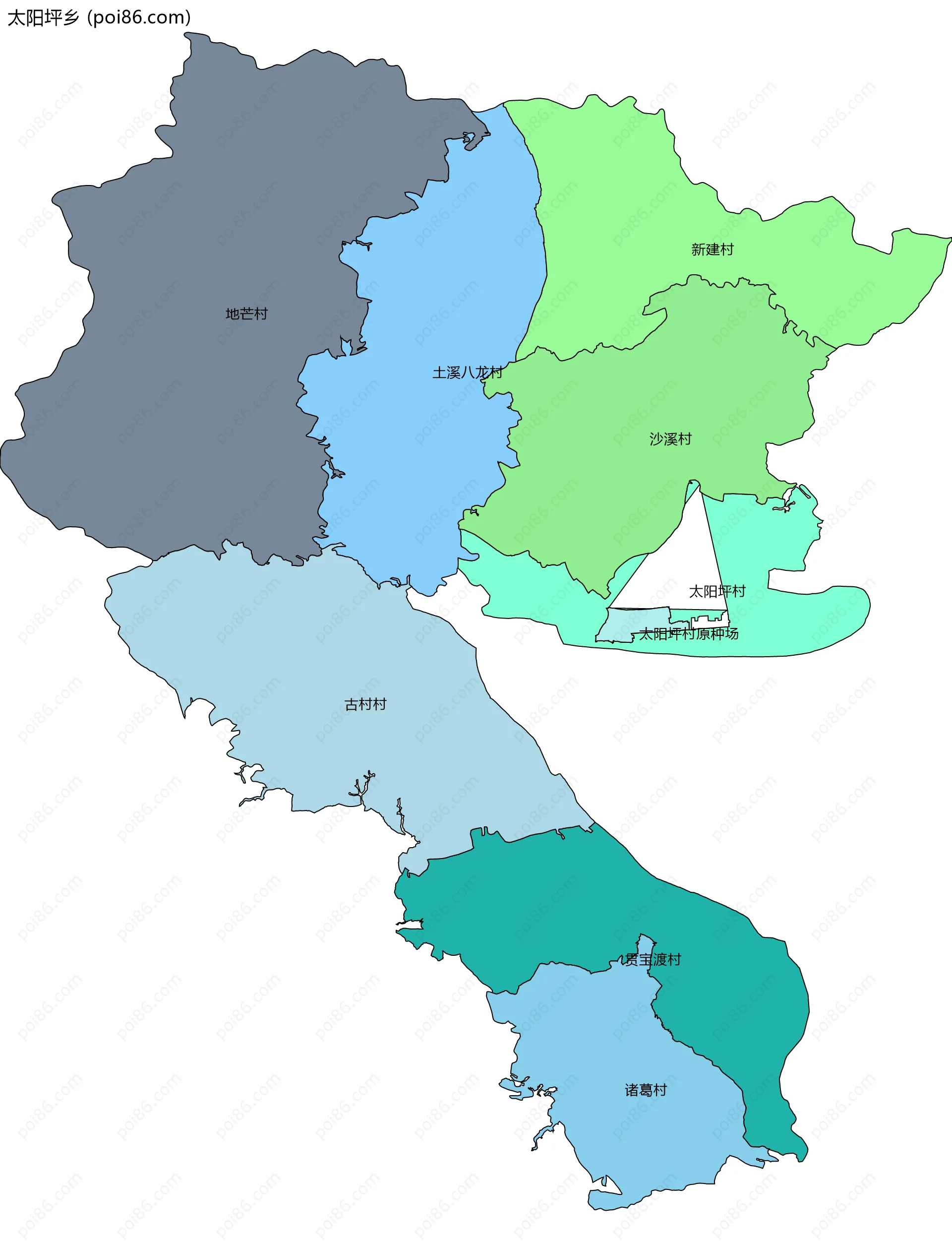 太阳坪乡边界地图(五级行政区划)