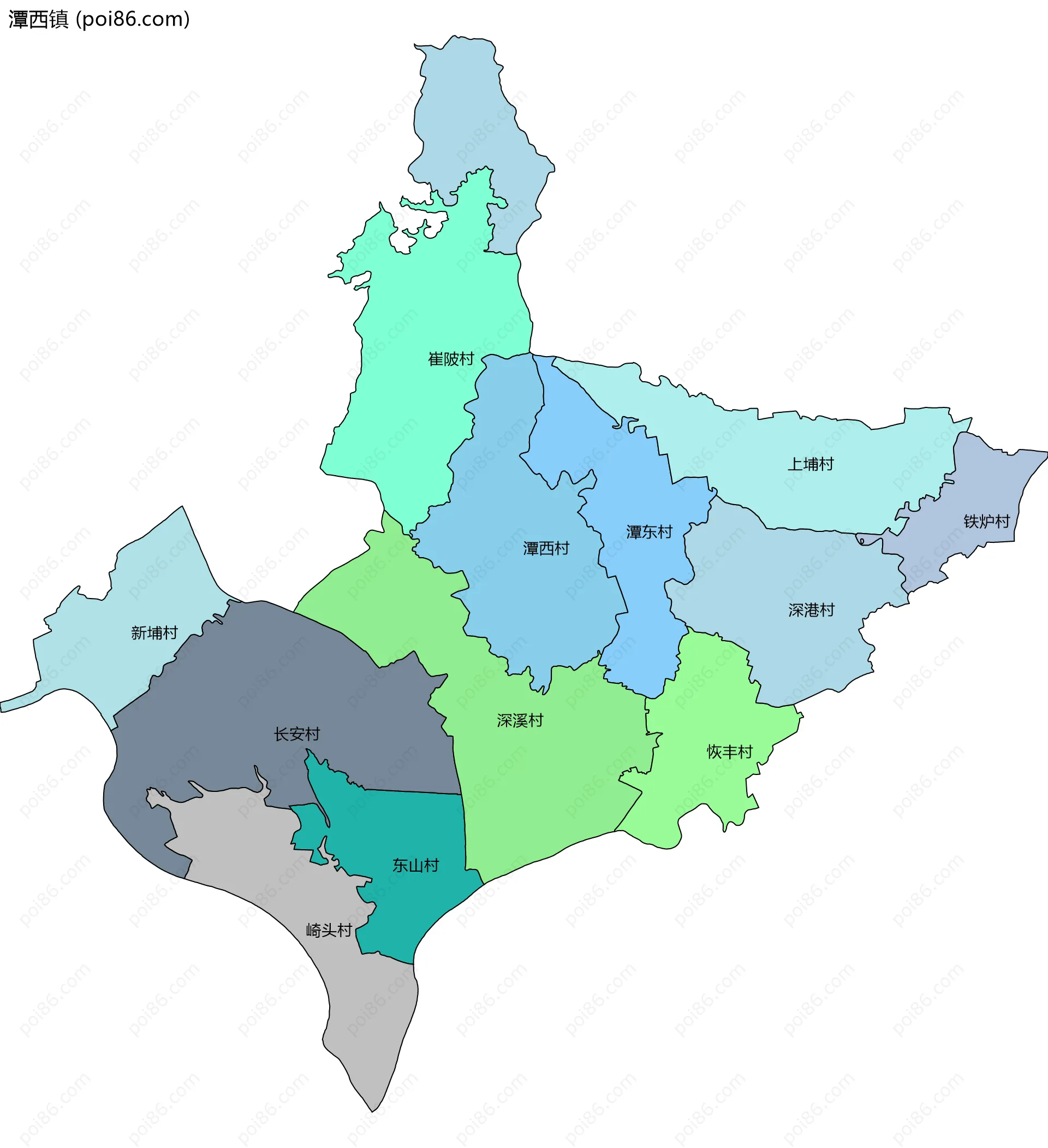 潭西镇边界地图(五级行政区划)