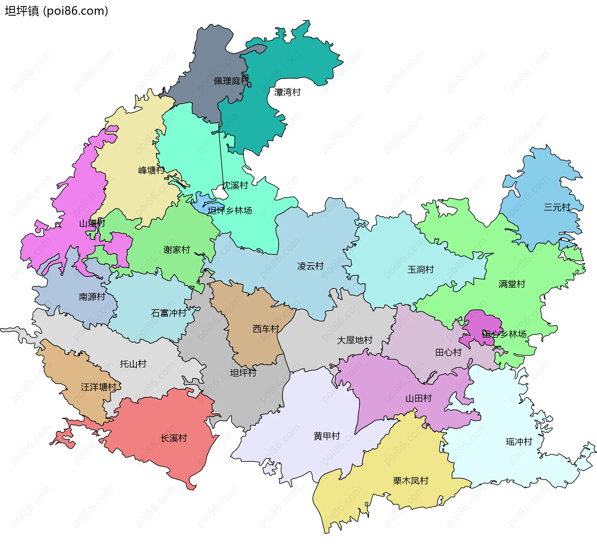 坦坪镇边界地图(五级行政区划)