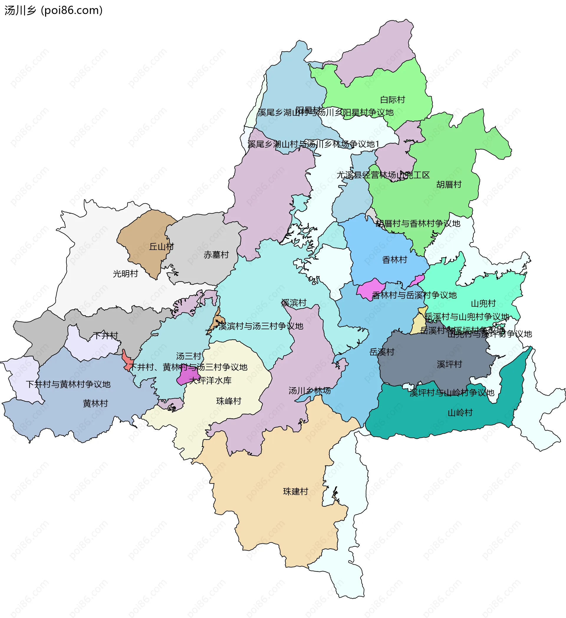 汤川乡边界地图(五级行政区划)