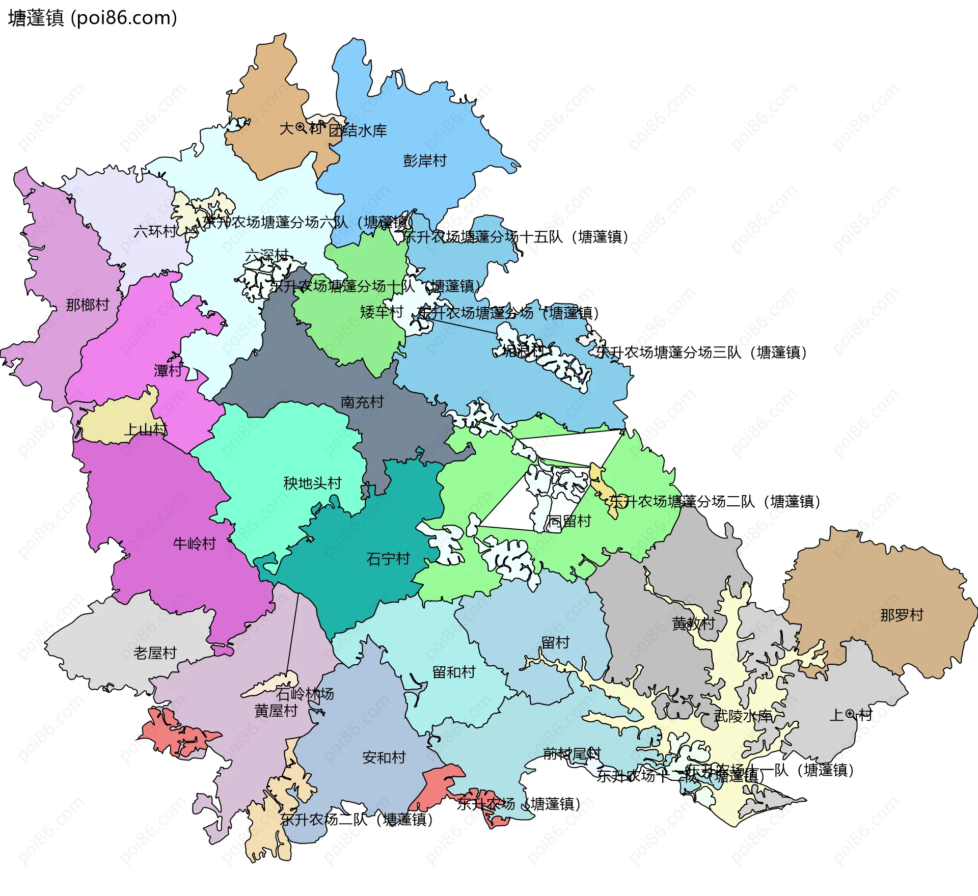 塘蓬镇边界地图(五级行政区划)