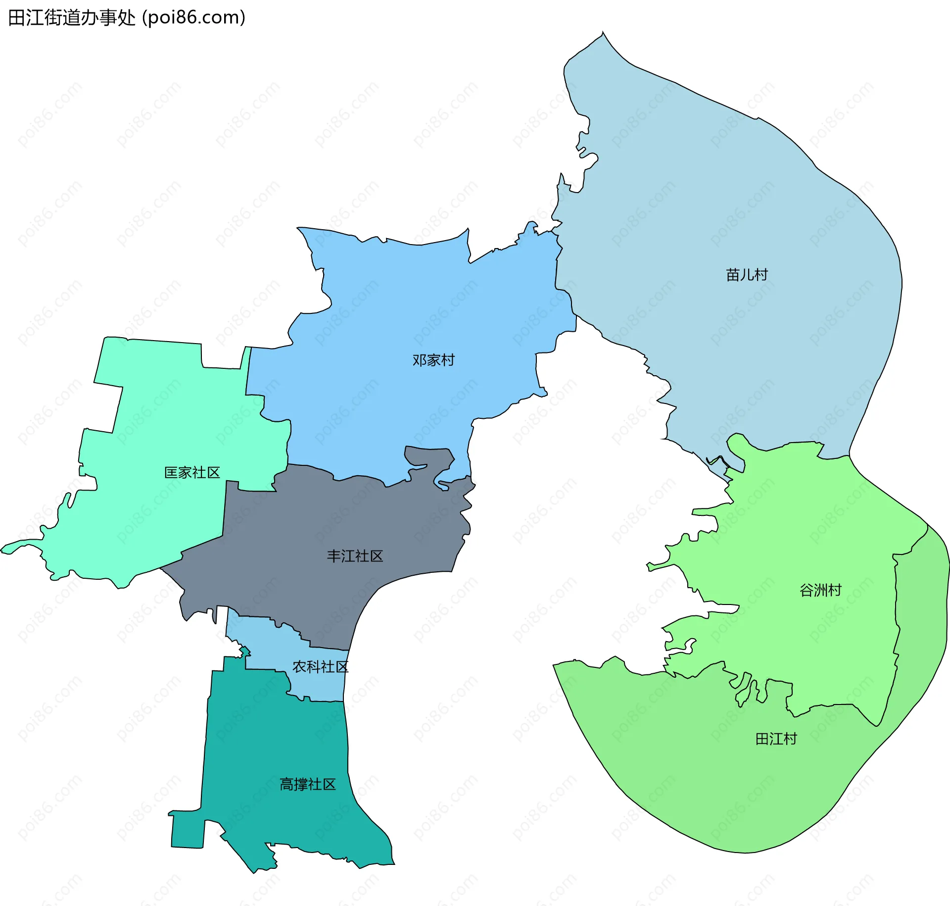 田江街道办事处边界地图(五级行政区划)
