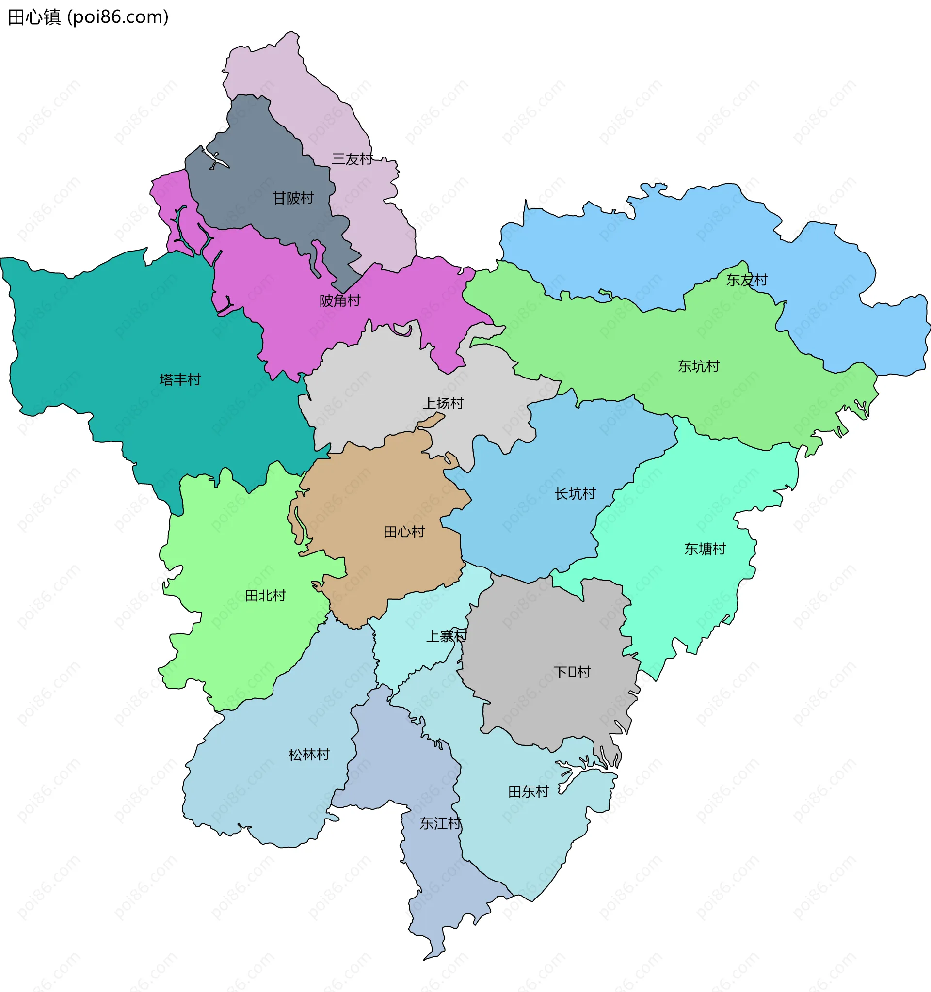 田心镇边界地图(五级行政区划)