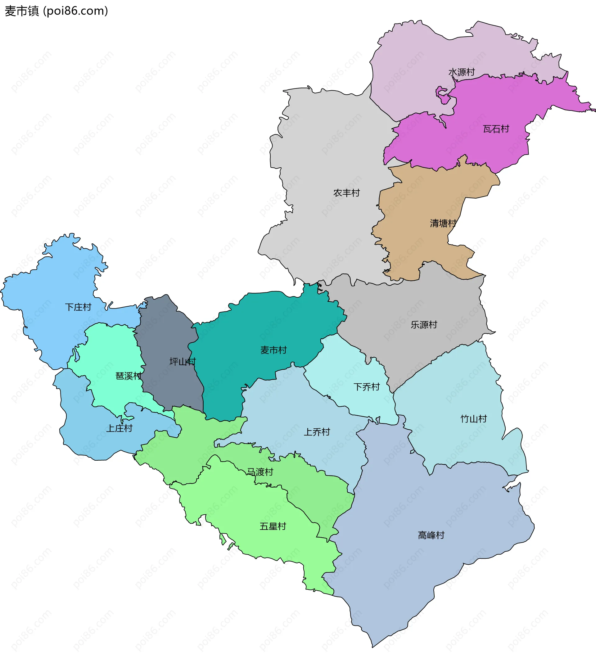 麦市镇边界地图(五级行政区划)