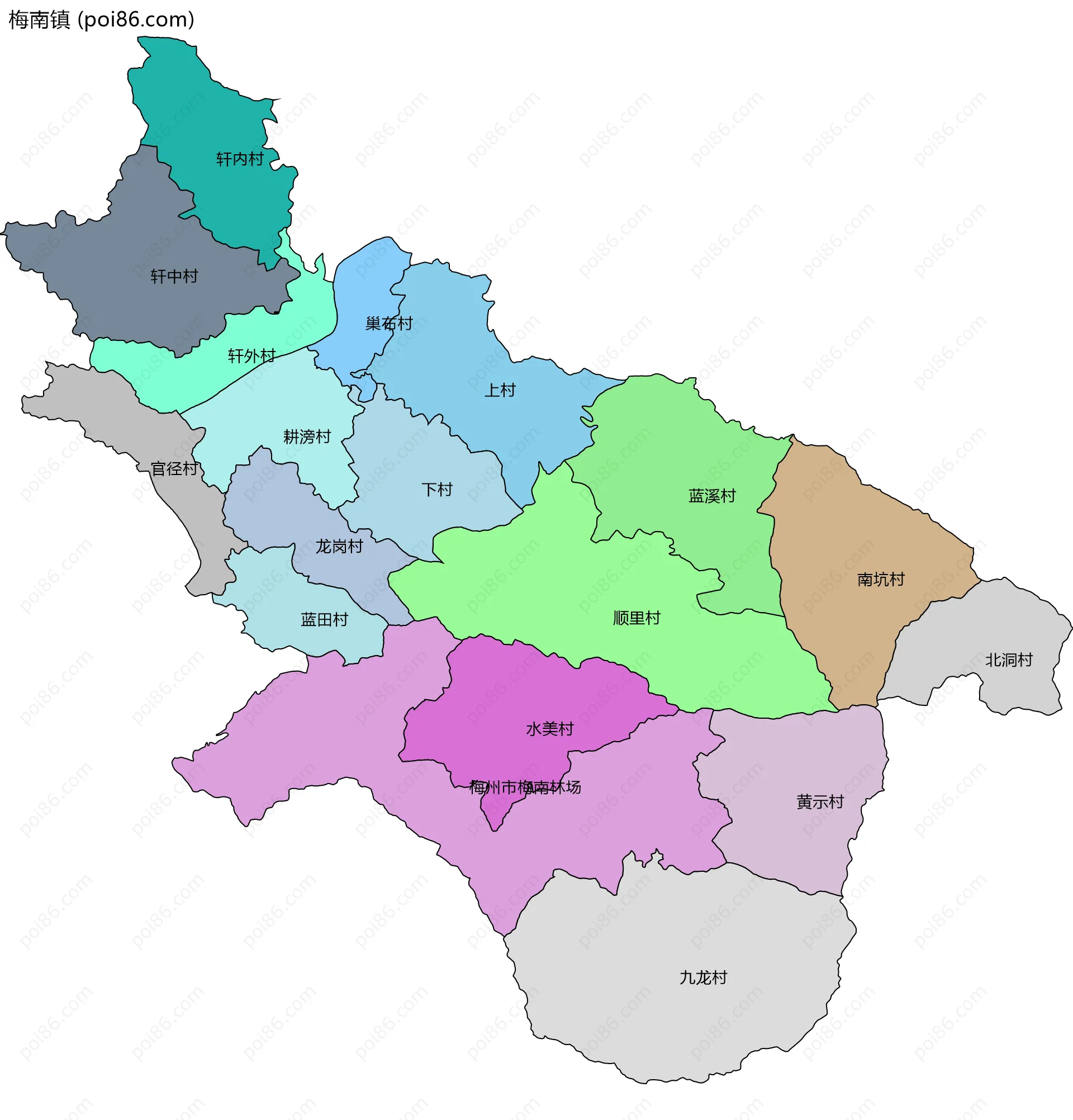 梅南镇边界地图(五级行政区划)