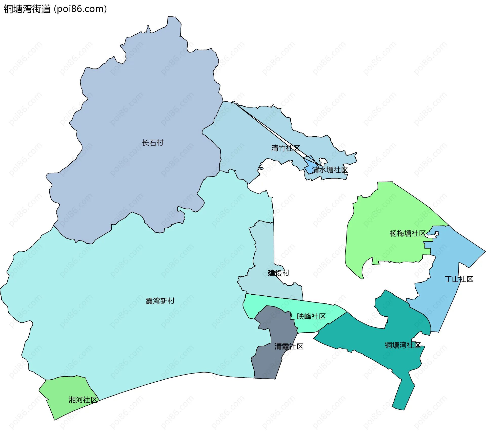 铜塘湾街道边界地图(五级行政区划)