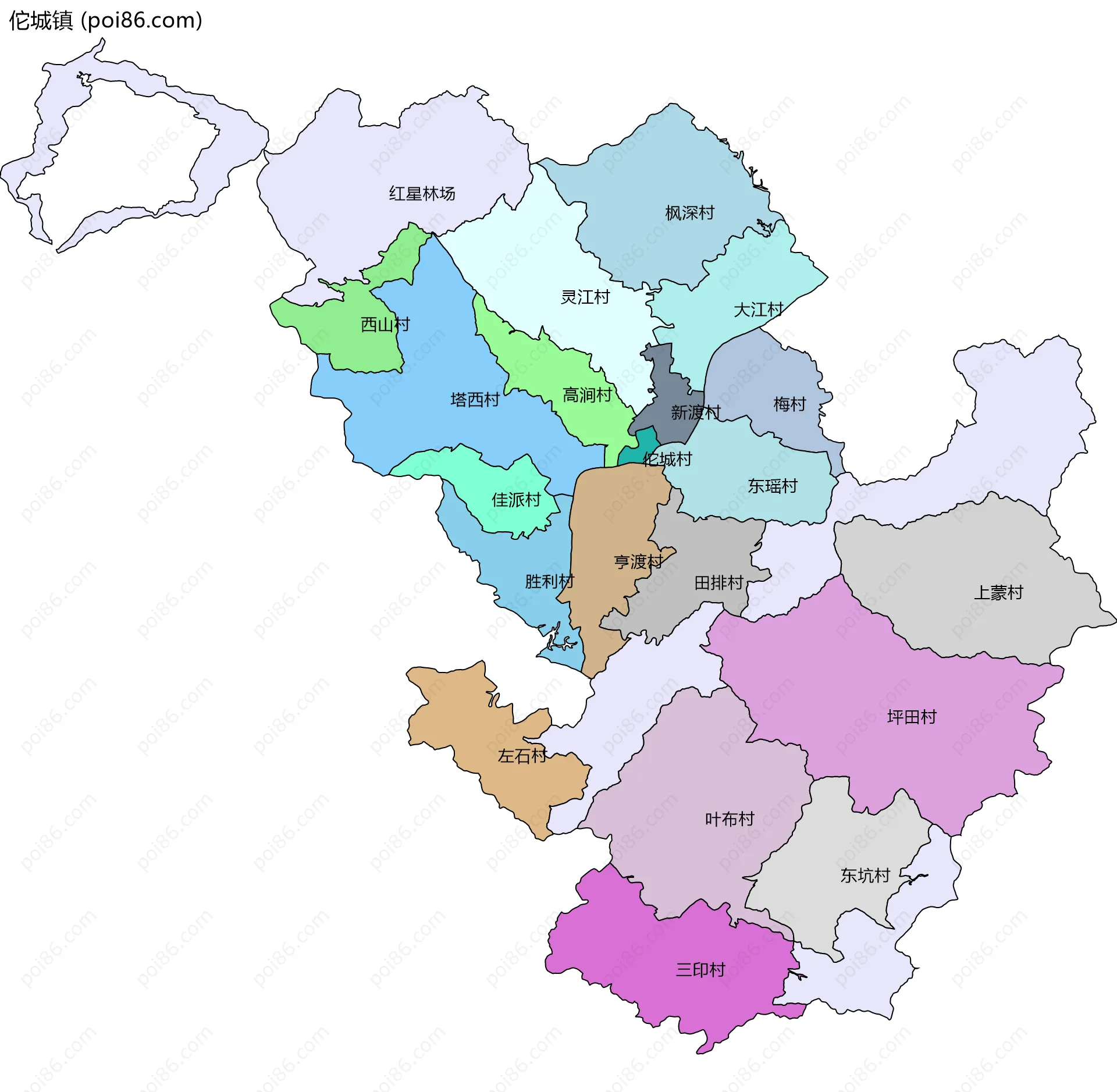 佗城镇边界地图(五级行政区划)