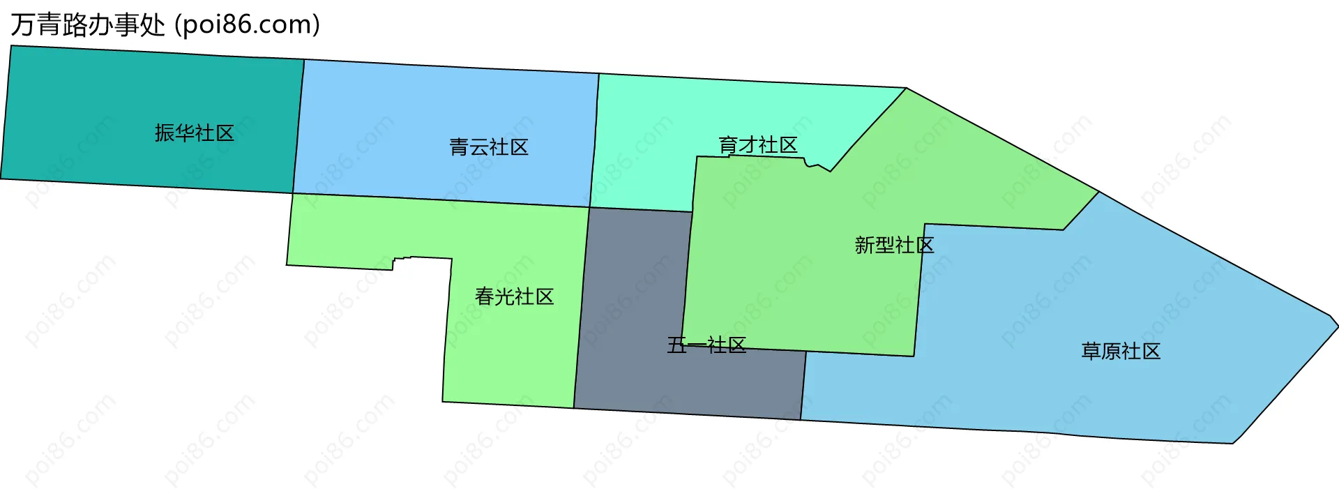 万青路办事处边界地图(五级行政区划)