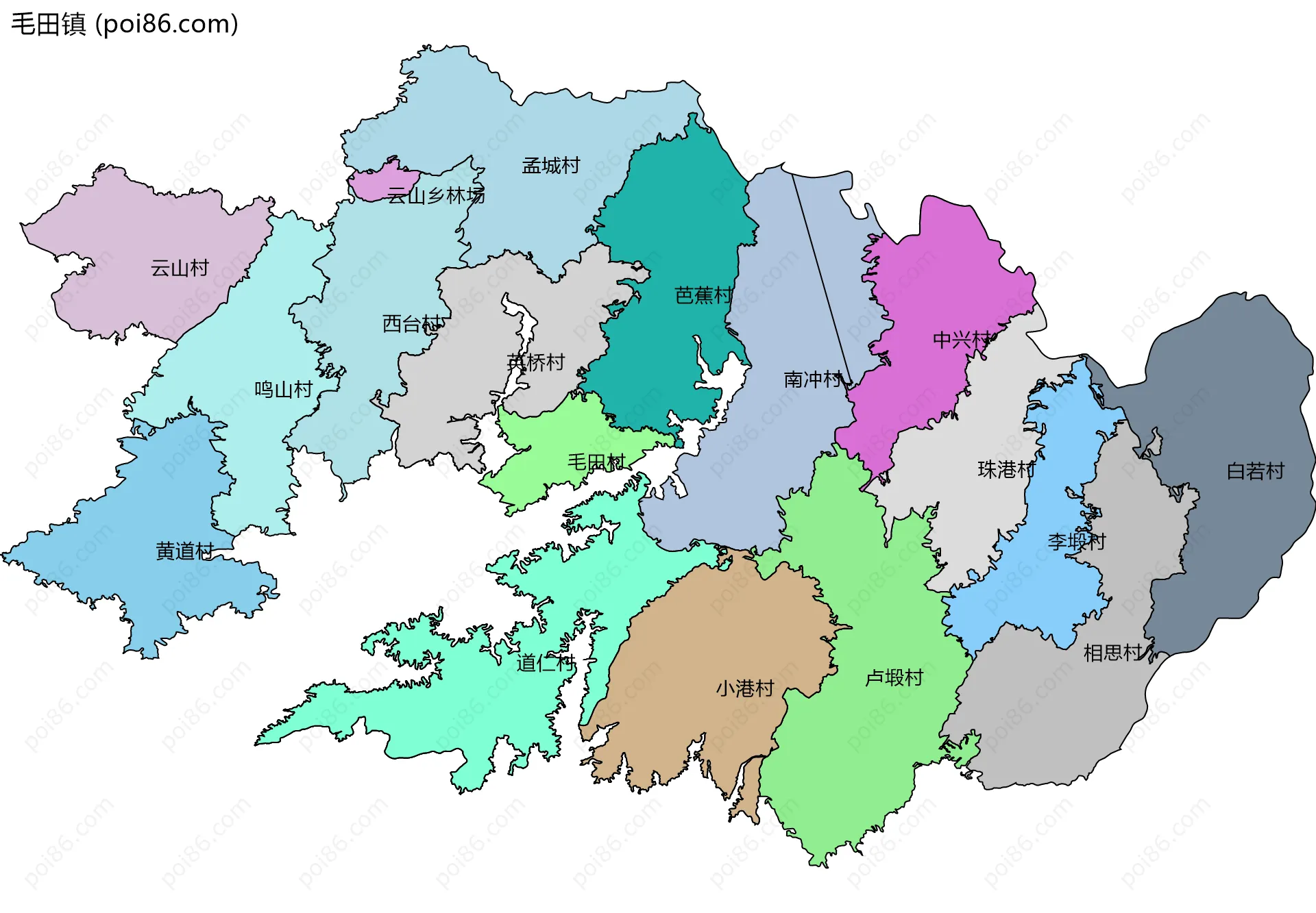 毛田镇边界地图(五级行政区划)