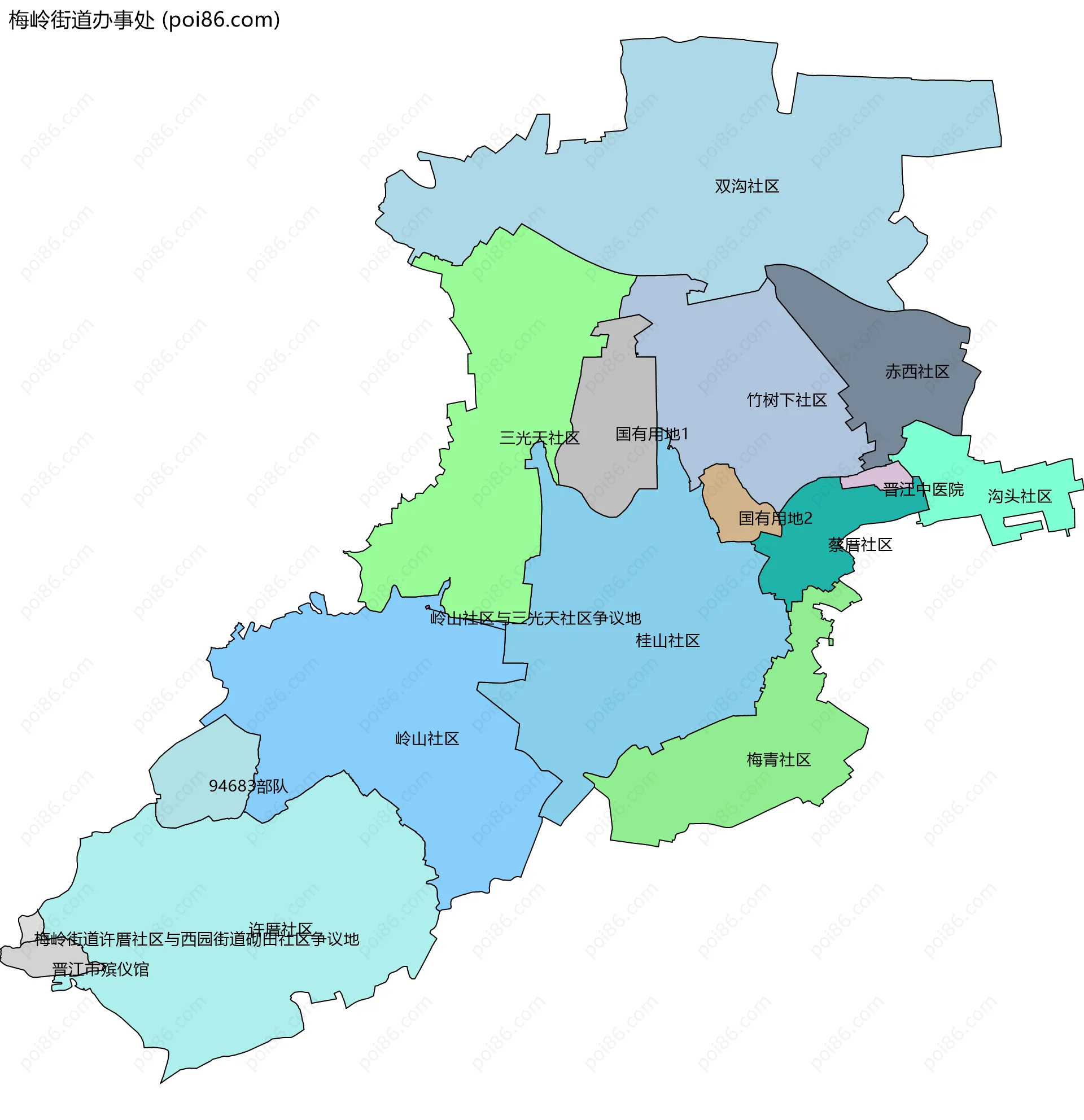 梅岭街道办事处边界地图(五级行政区划)