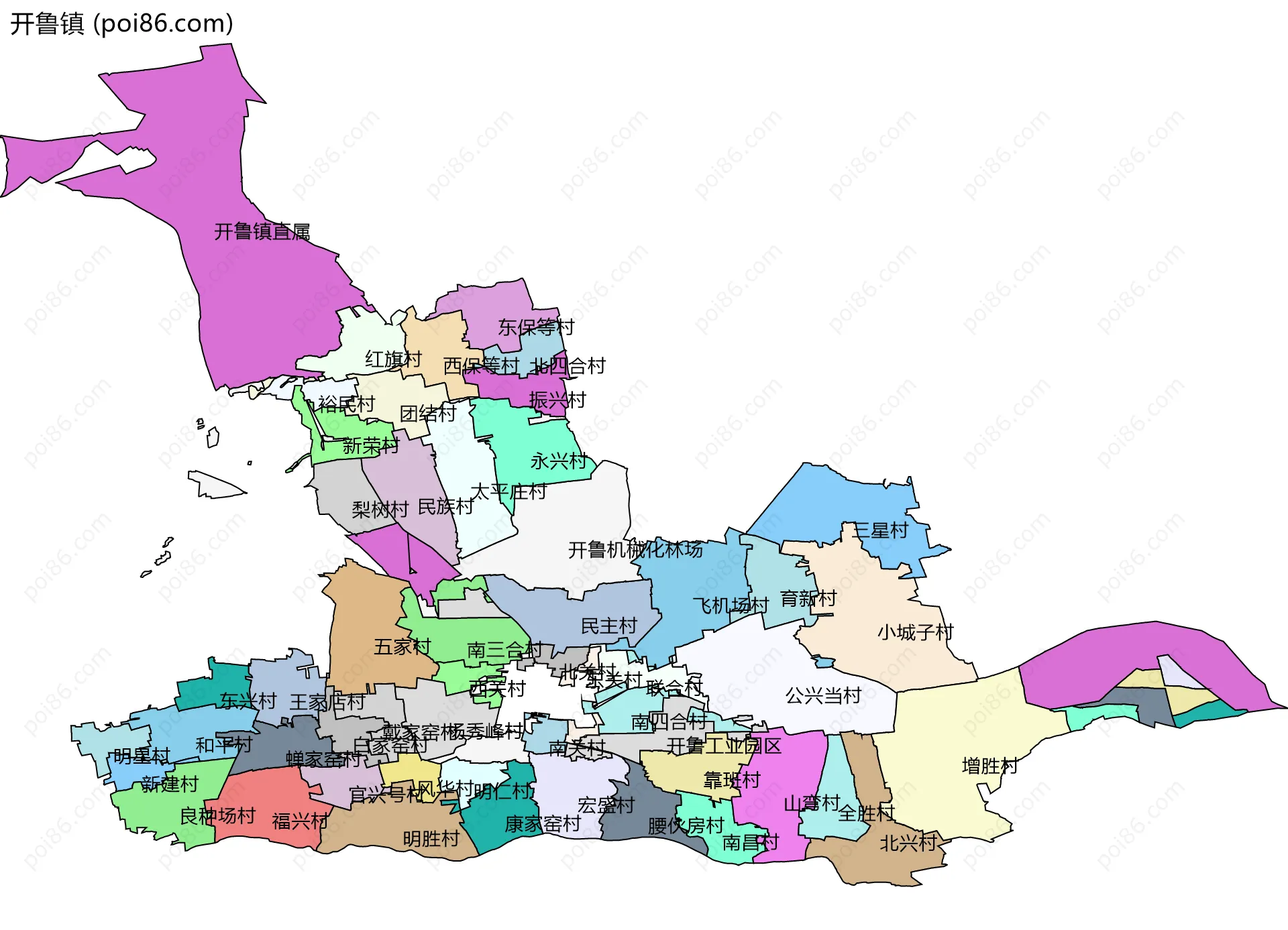 开鲁镇边界地图(五级行政区划)