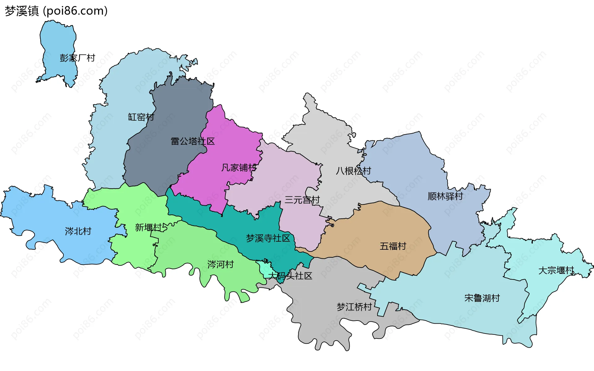 梦溪镇边界地图(五级行政区划)