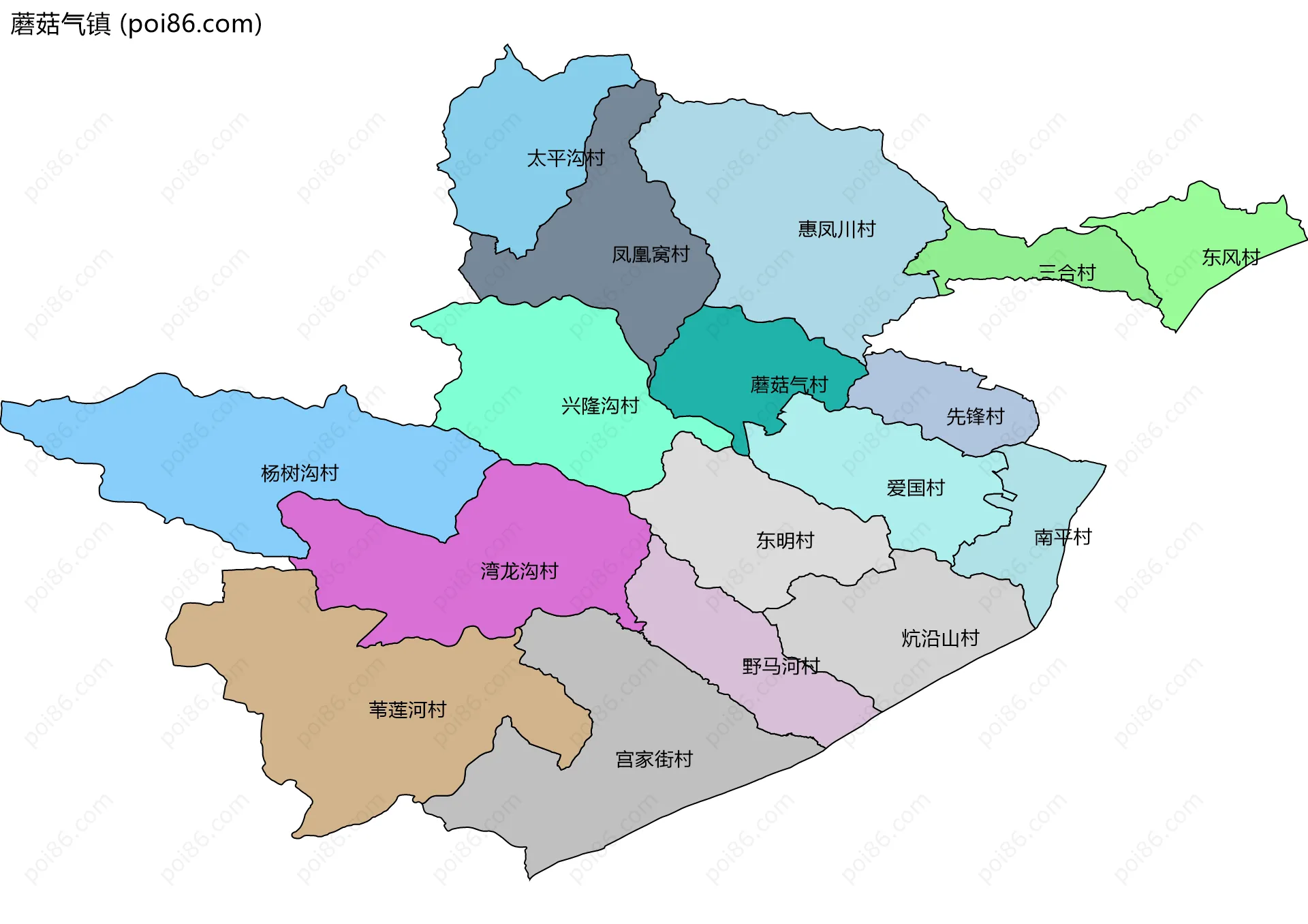 蘑菇气镇边界地图(五级行政区划)