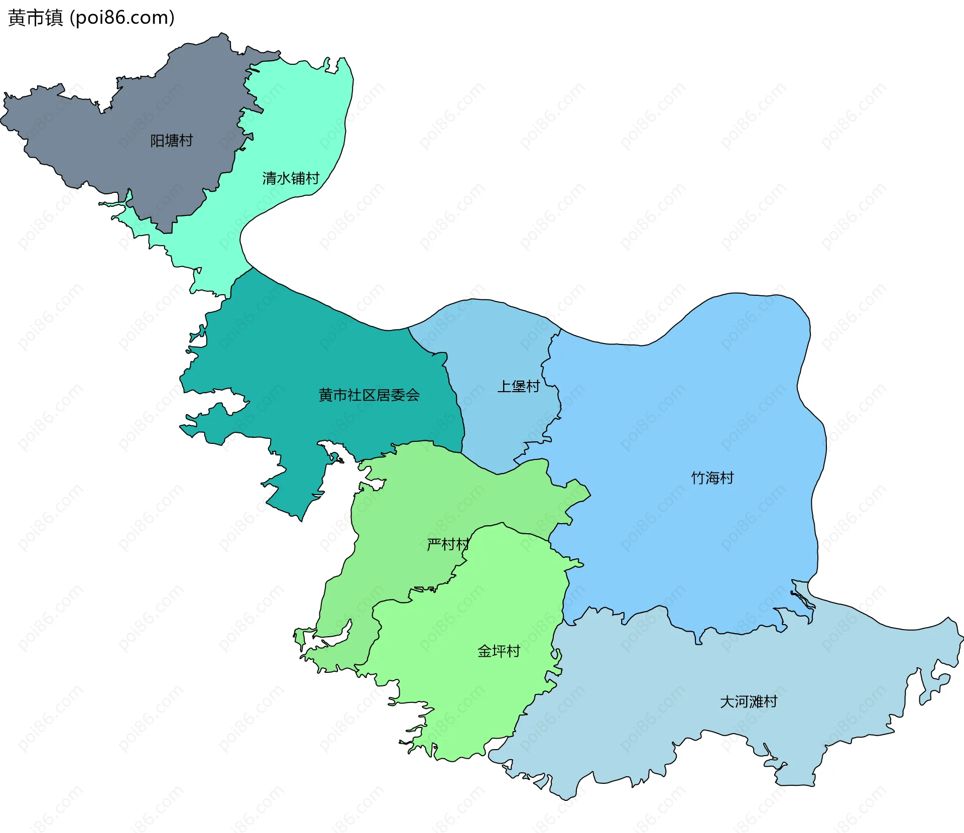 黄市镇边界地图(五级行政区划)