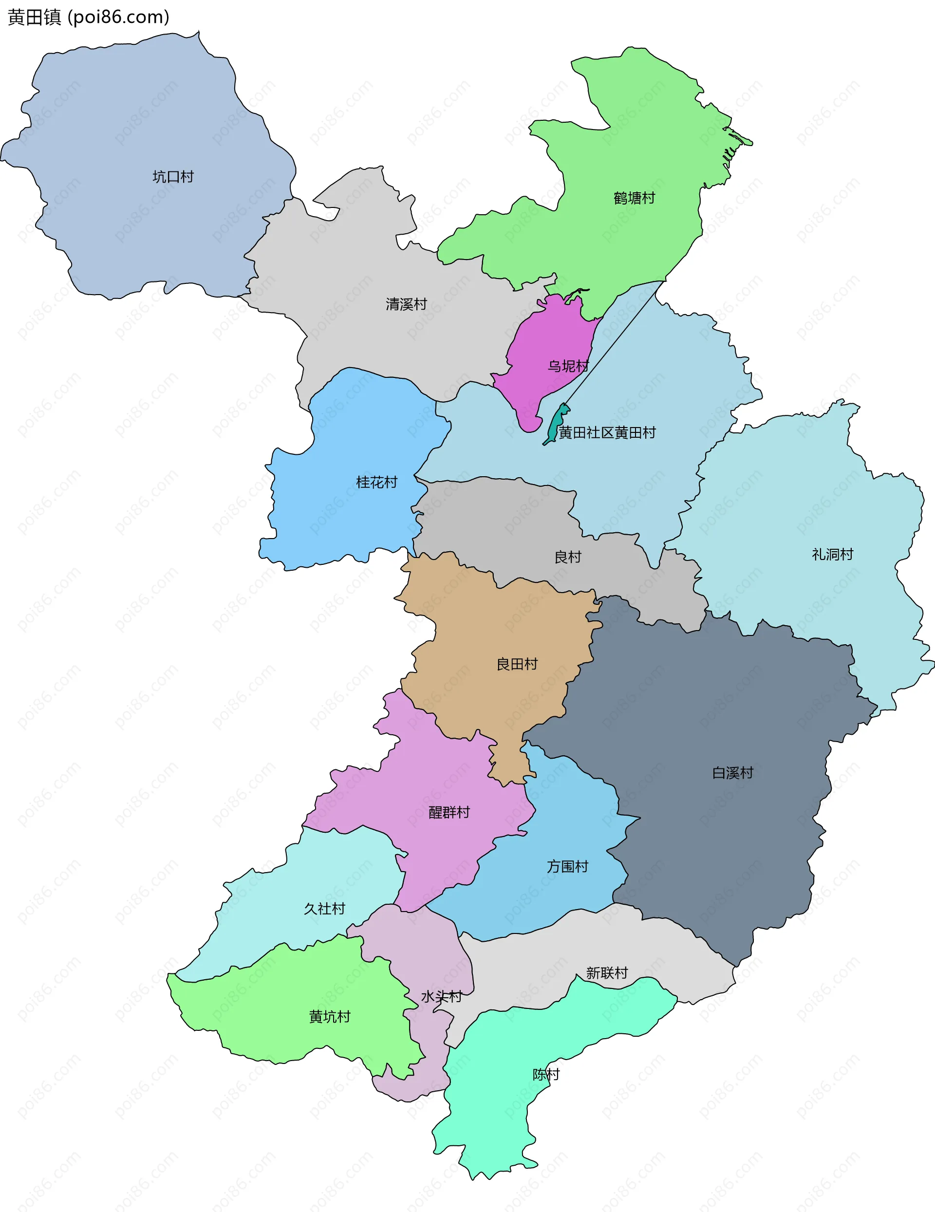黄田镇边界地图(五级行政区划)