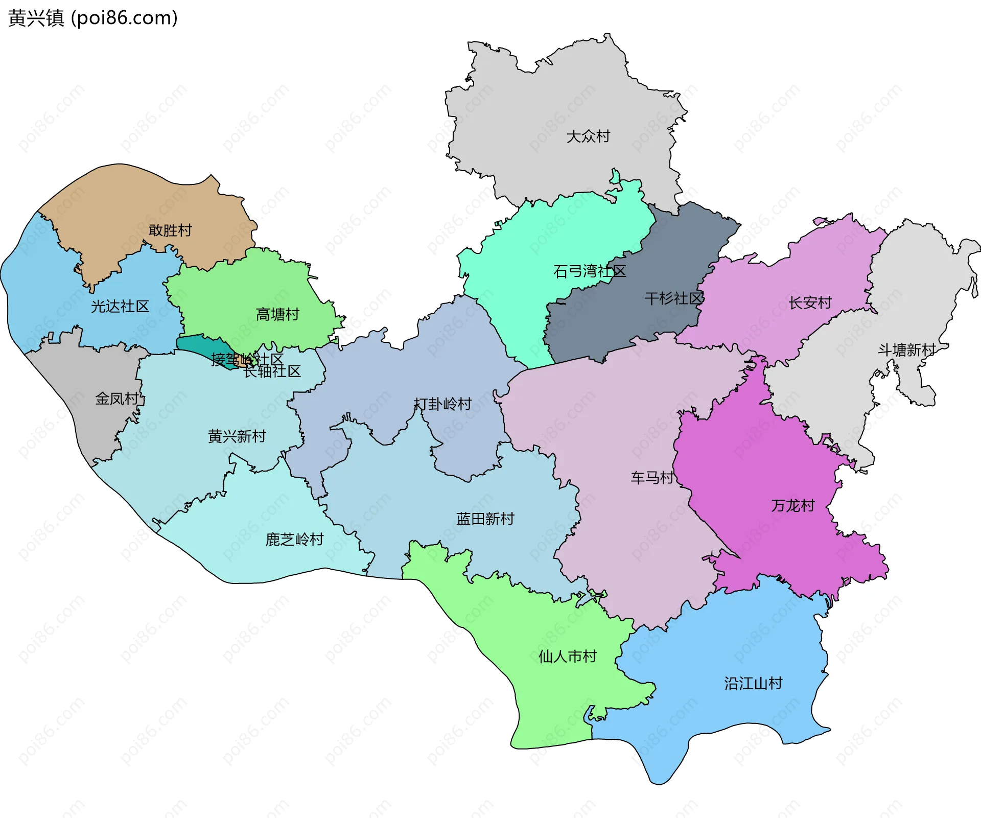 黄兴镇边界地图(五级行政区划)