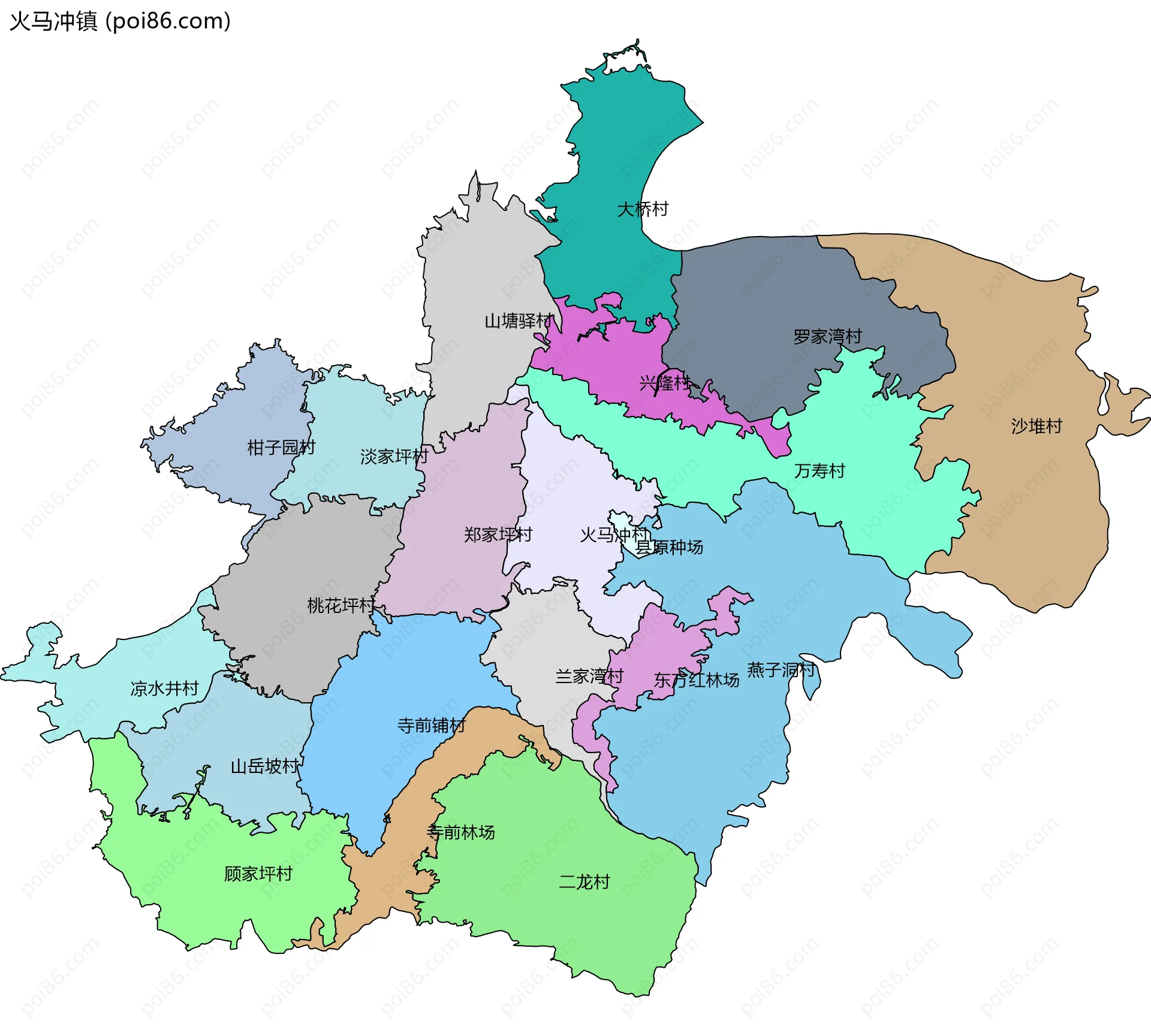 火马冲镇边界地图(五级行政区划)