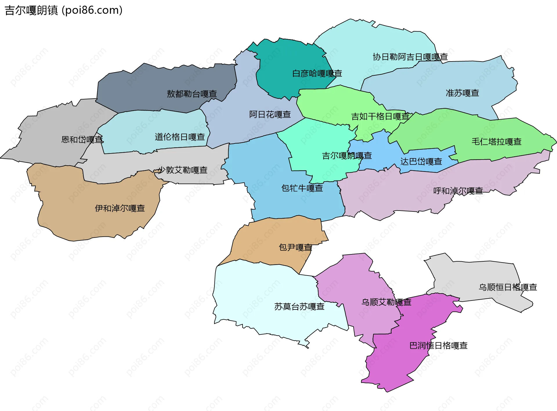 吉尔嘎朗镇边界地图(五级行政区划)