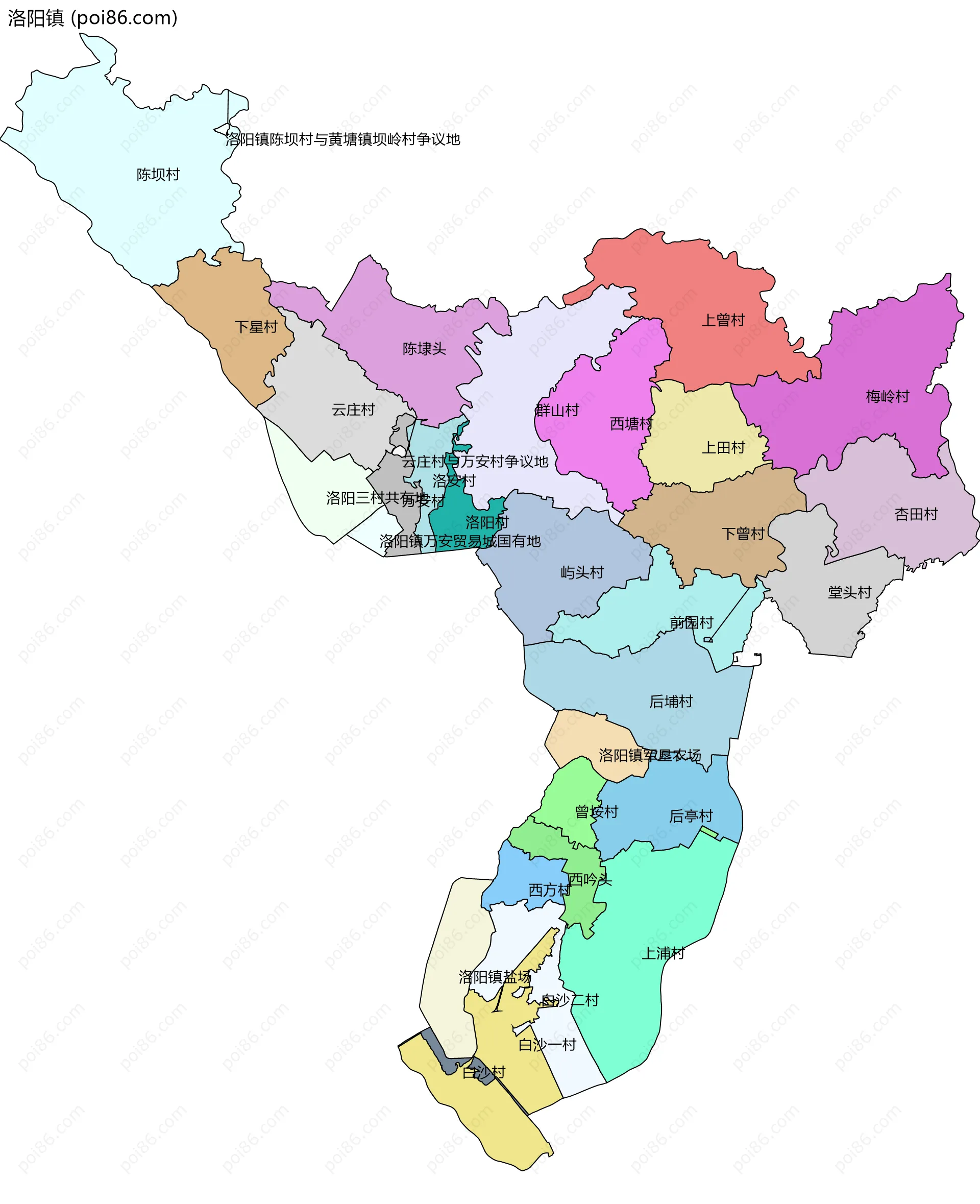 洛阳镇边界地图(五级行政区划)
