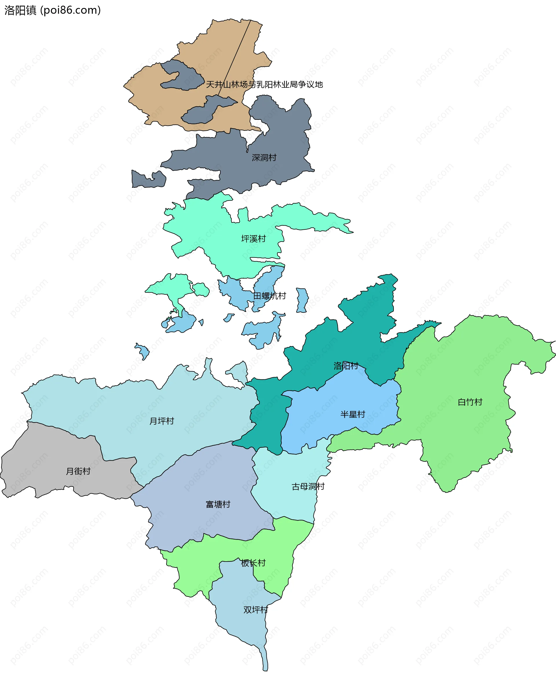 洛阳镇边界地图(五级行政区划)