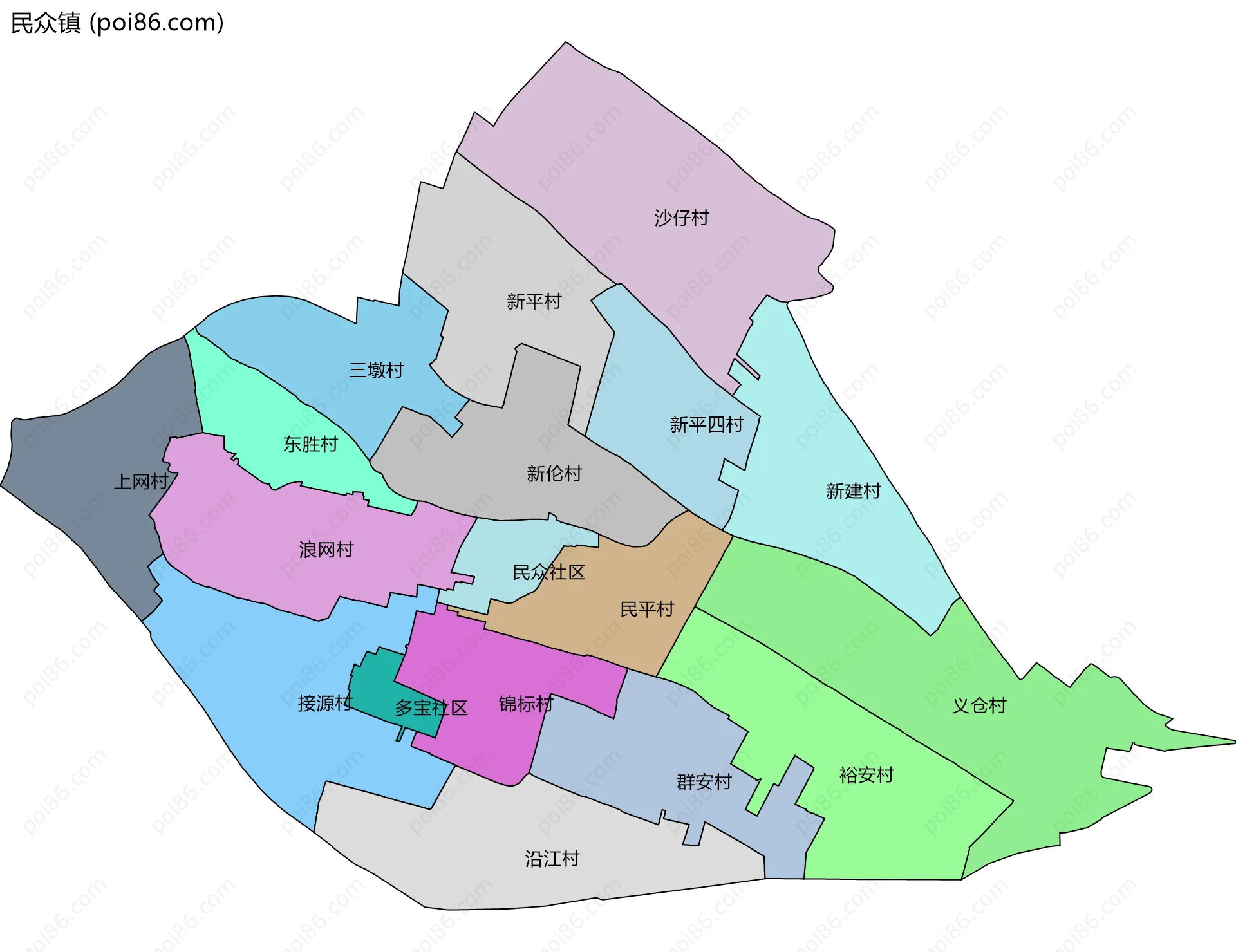 民众镇边界地图(五级行政区划)