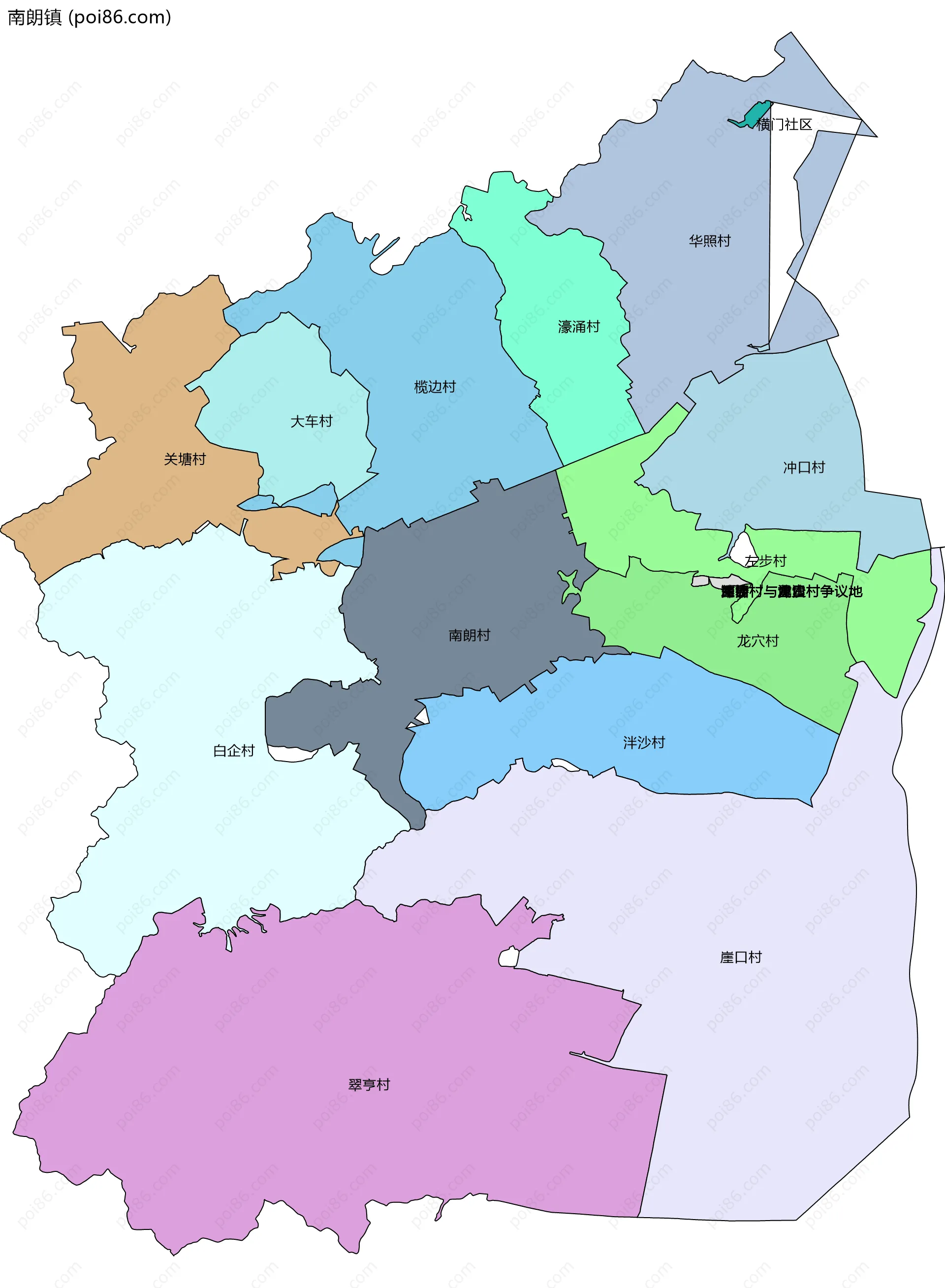 南朗镇边界地图(五级行政区划)