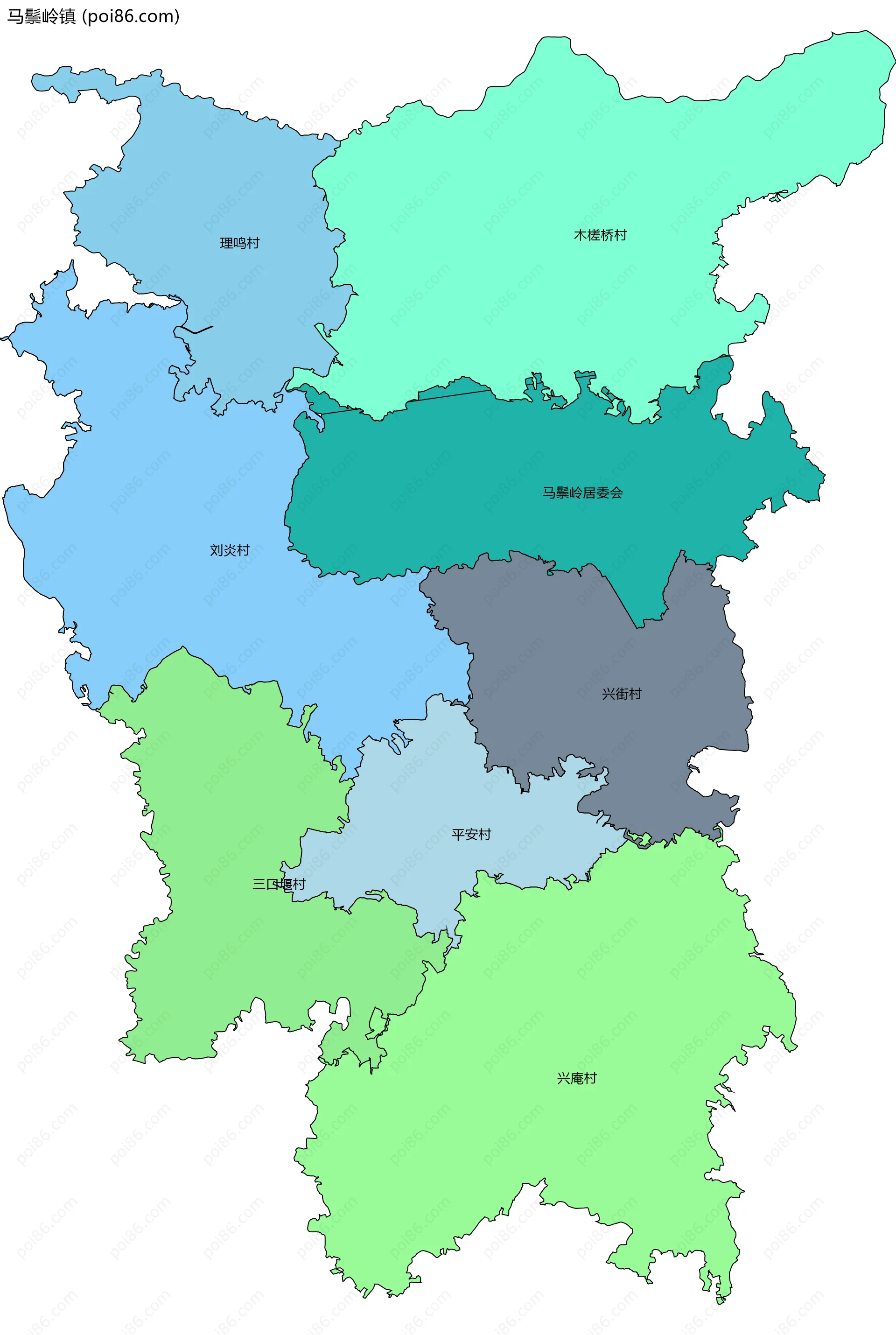 马鬃岭镇边界地图(五级行政区划)