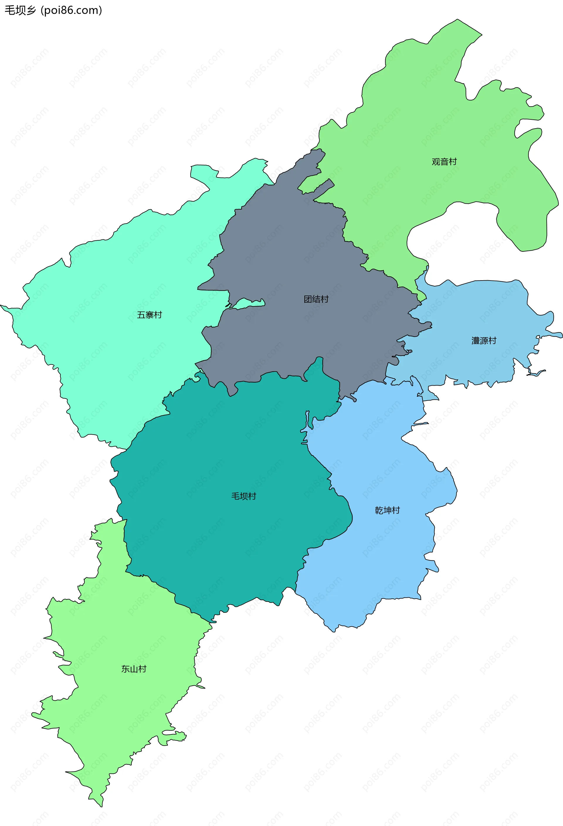 毛坝乡边界地图(五级行政区划)