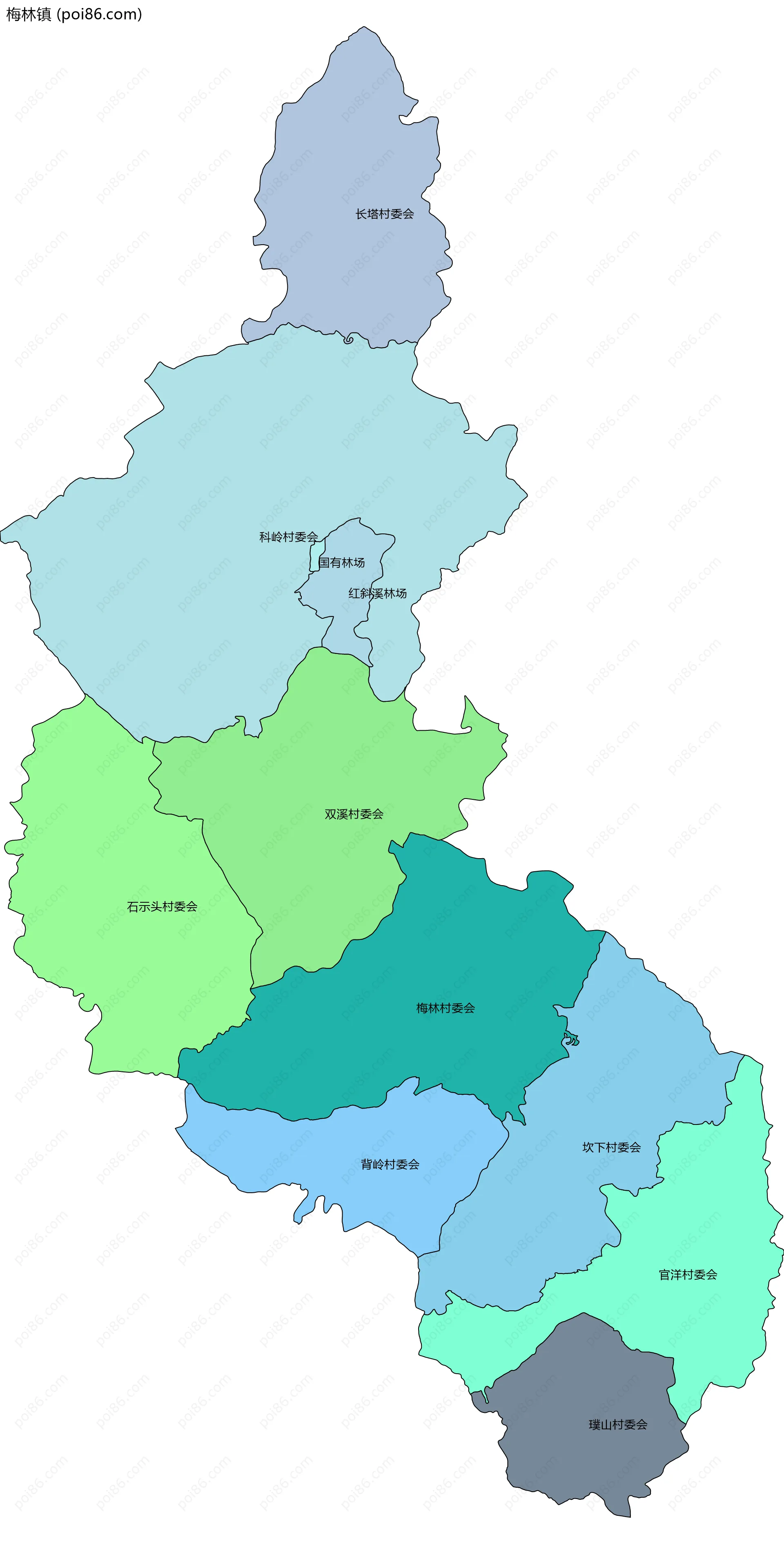 梅林镇边界地图(五级行政区划)