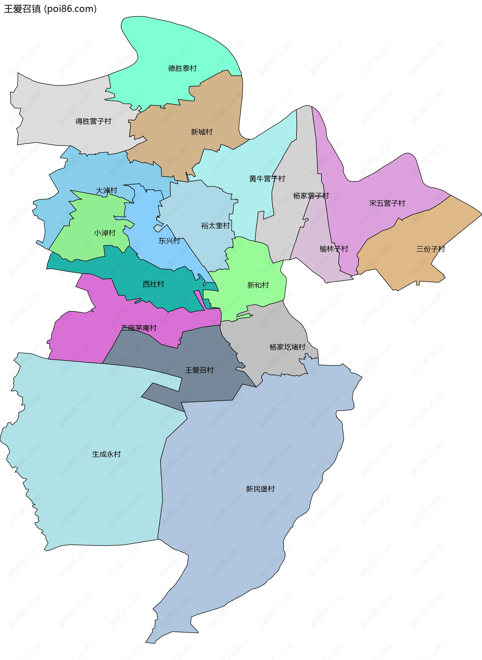 王爱召镇边界地图(五级行政区划)