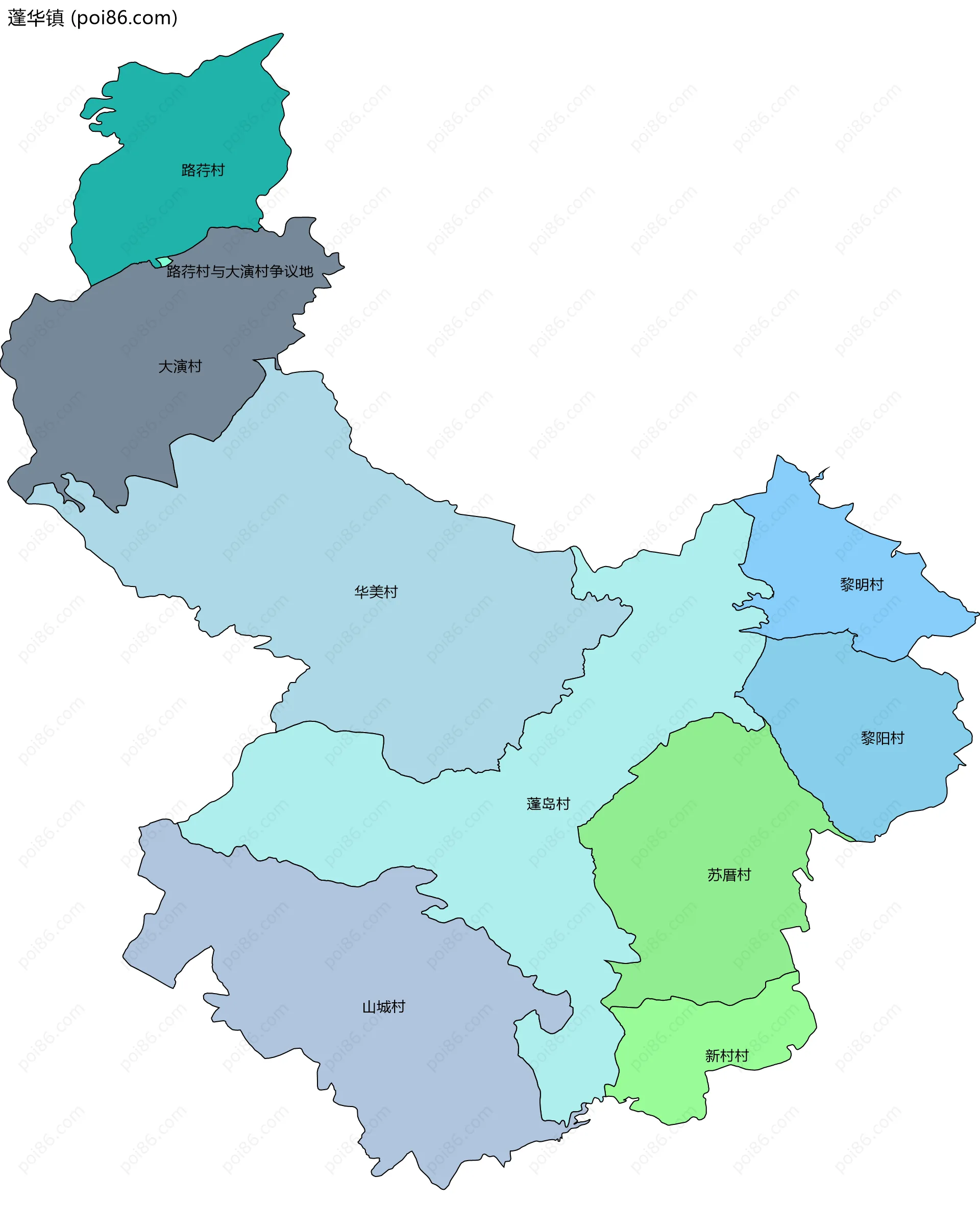 蓬华镇边界地图(五级行政区划)