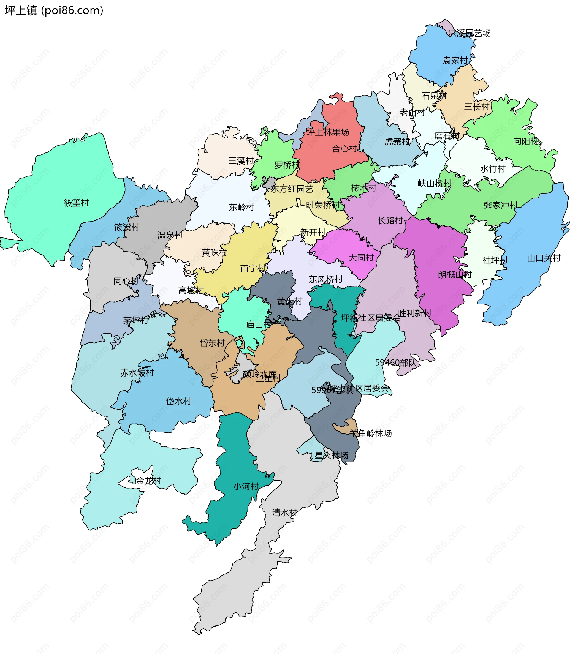 坪上镇边界地图(五级行政区划)