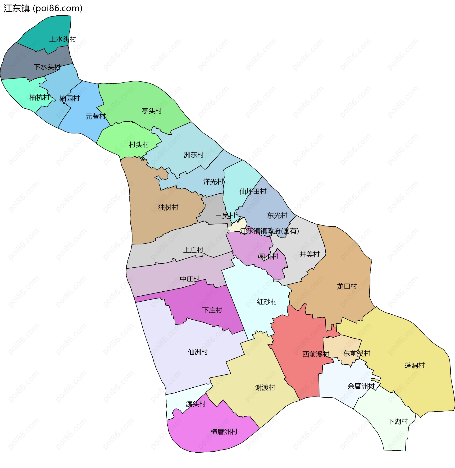 江东镇边界地图(五级行政区划)